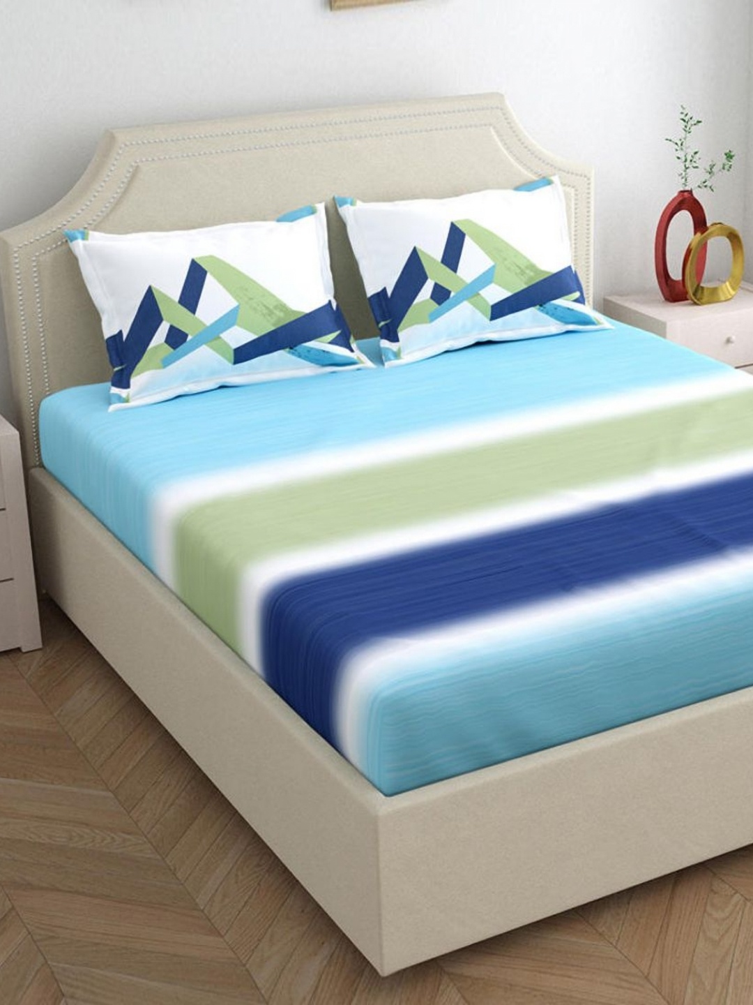 

Aura Blue & Green Striped 300 TC King Bedsheet with 2 Pillow Covers