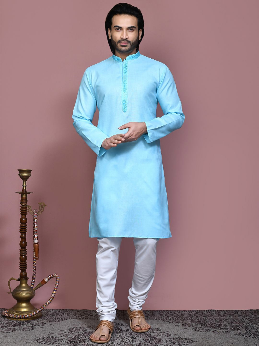 

RANAK Men Thread Work Kurta, Turquoise blue