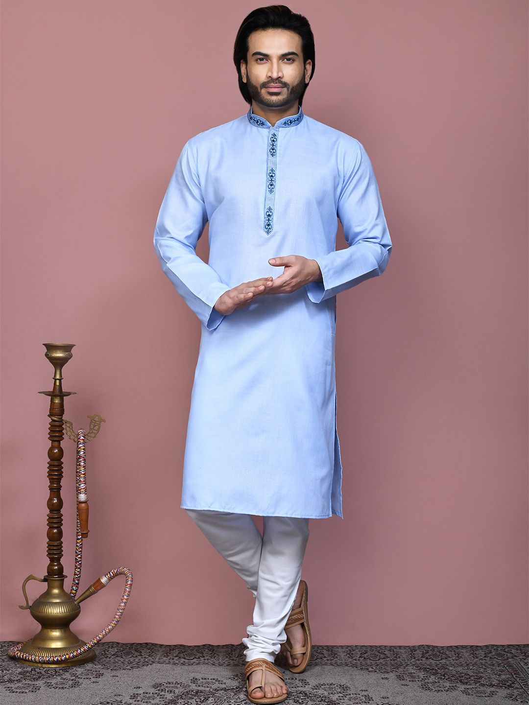 

RANAK Thread Work Mandarin Collar Pure Cotton Straight Kurta, Blue