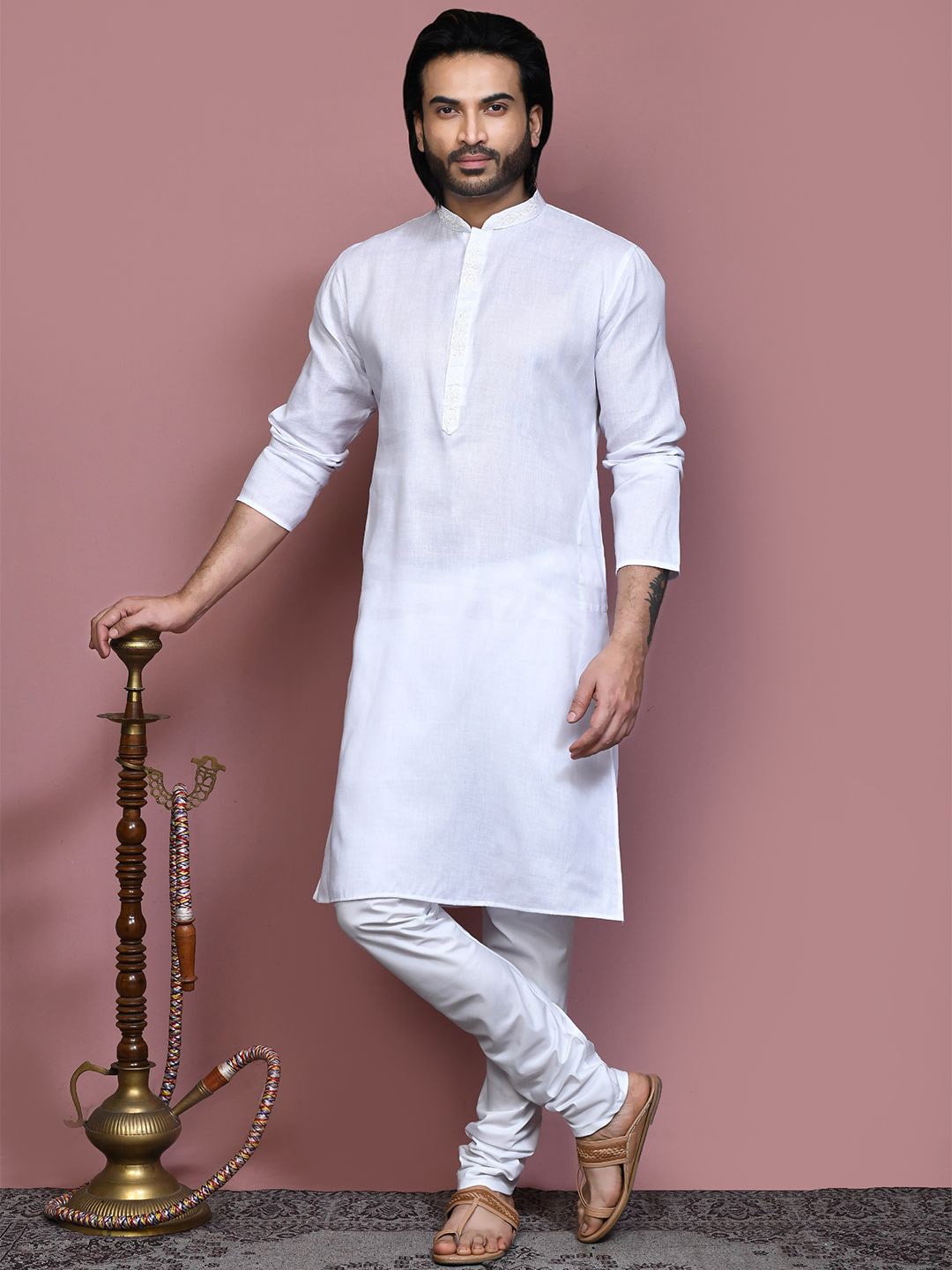 

RANAK Men Thread Work Kurta, White