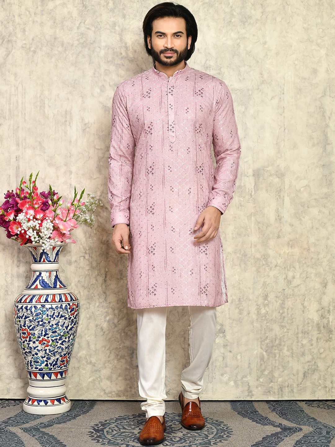 RANAK Geometric Embroidered Sequinned Mandarin Collar Pure Cotton Straight Kurta, Purple