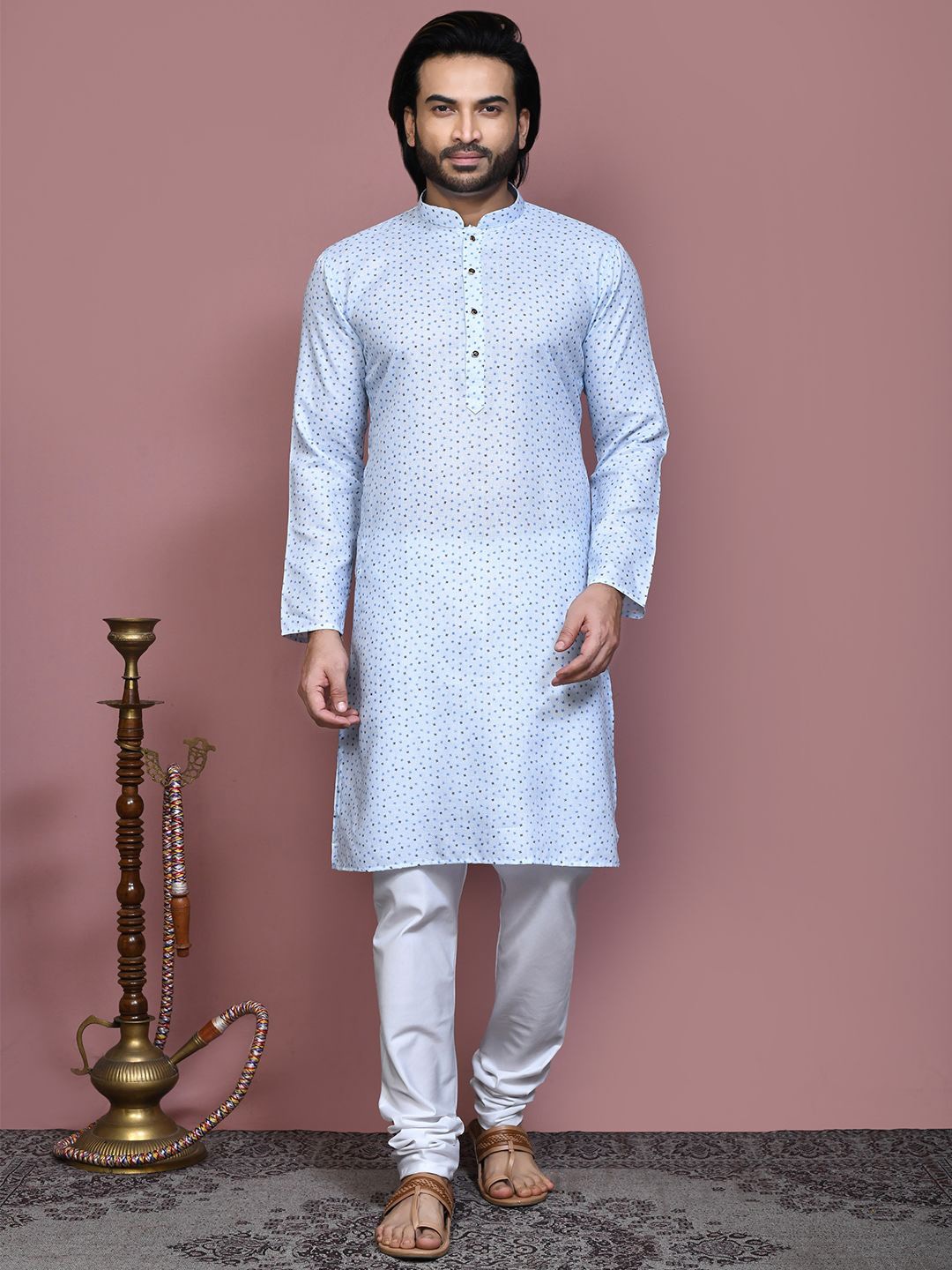 

RANAK Geometric Printed Mnadarian Collar Pure Cotton Straight Kurta, Blue