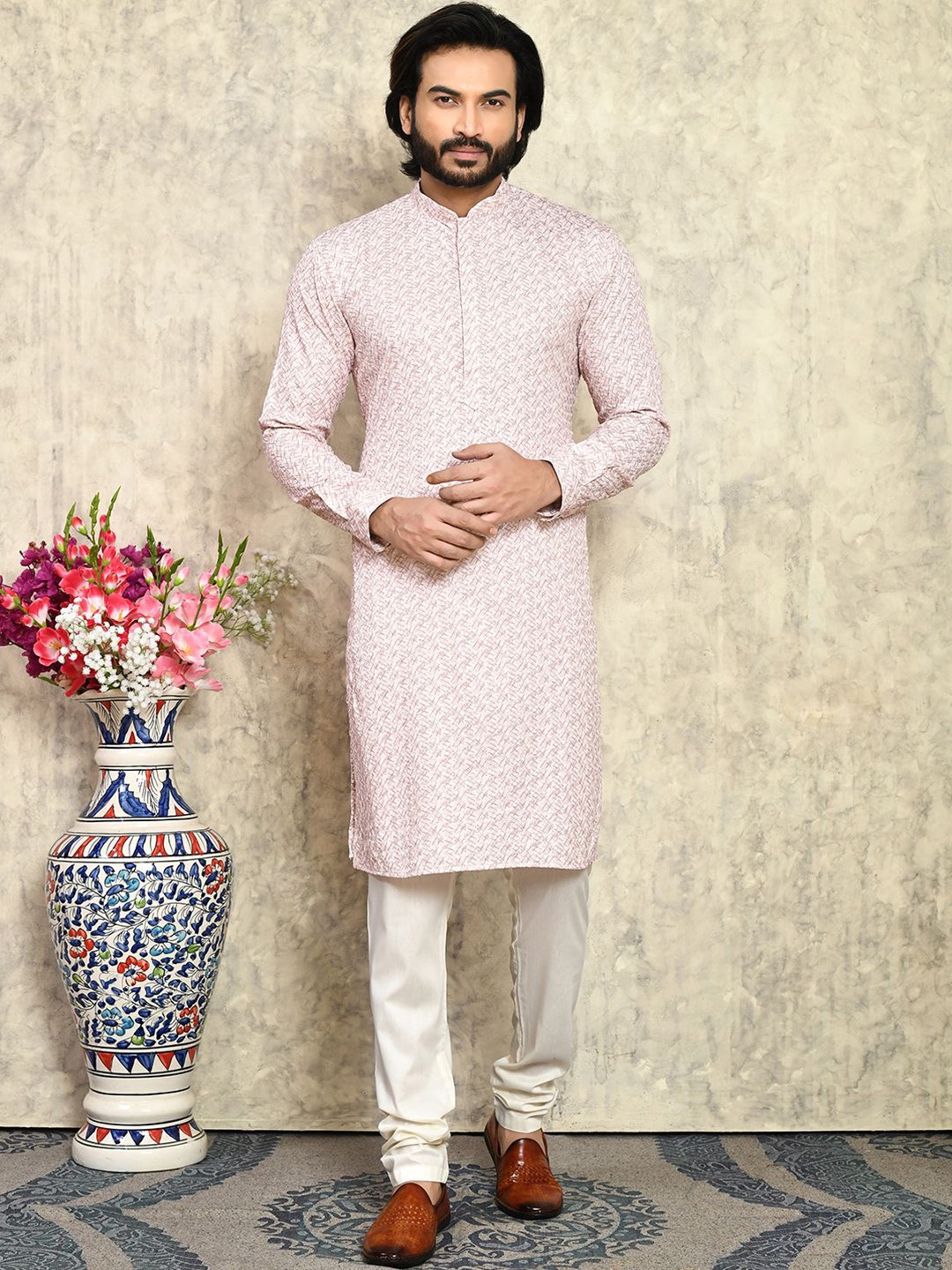 

RANAK Abstract Printed Mnadarian Collar Pure Cotton Straight Kurta, Pink