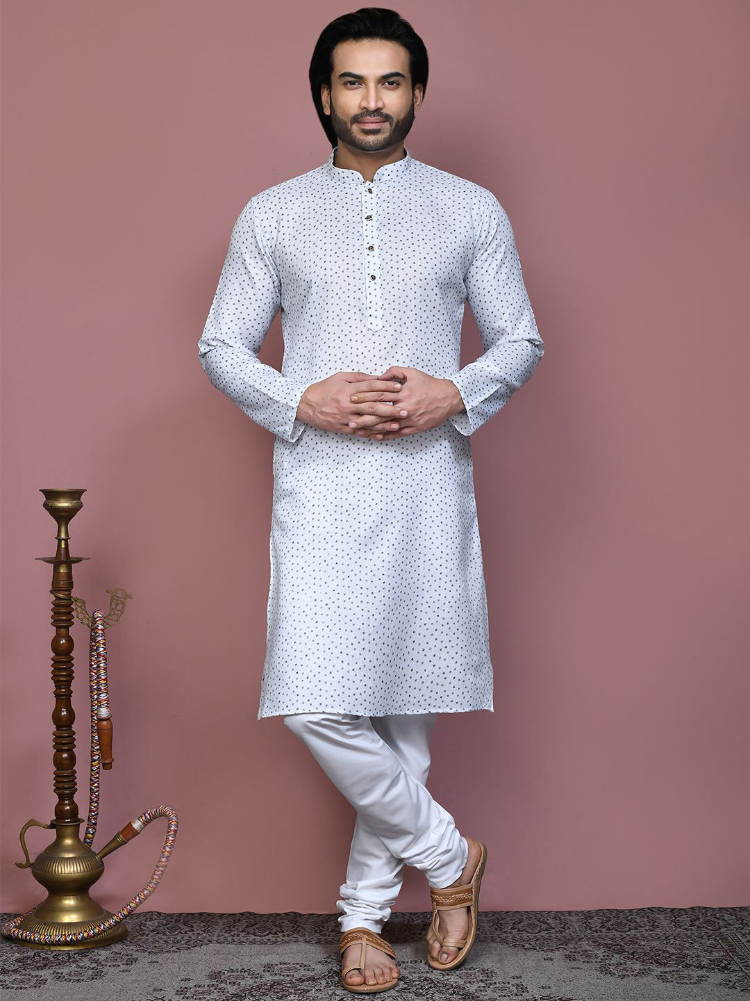 

RANAK Geometric Printed Mandarin Collar Pure Cotton Straight Kurta, White