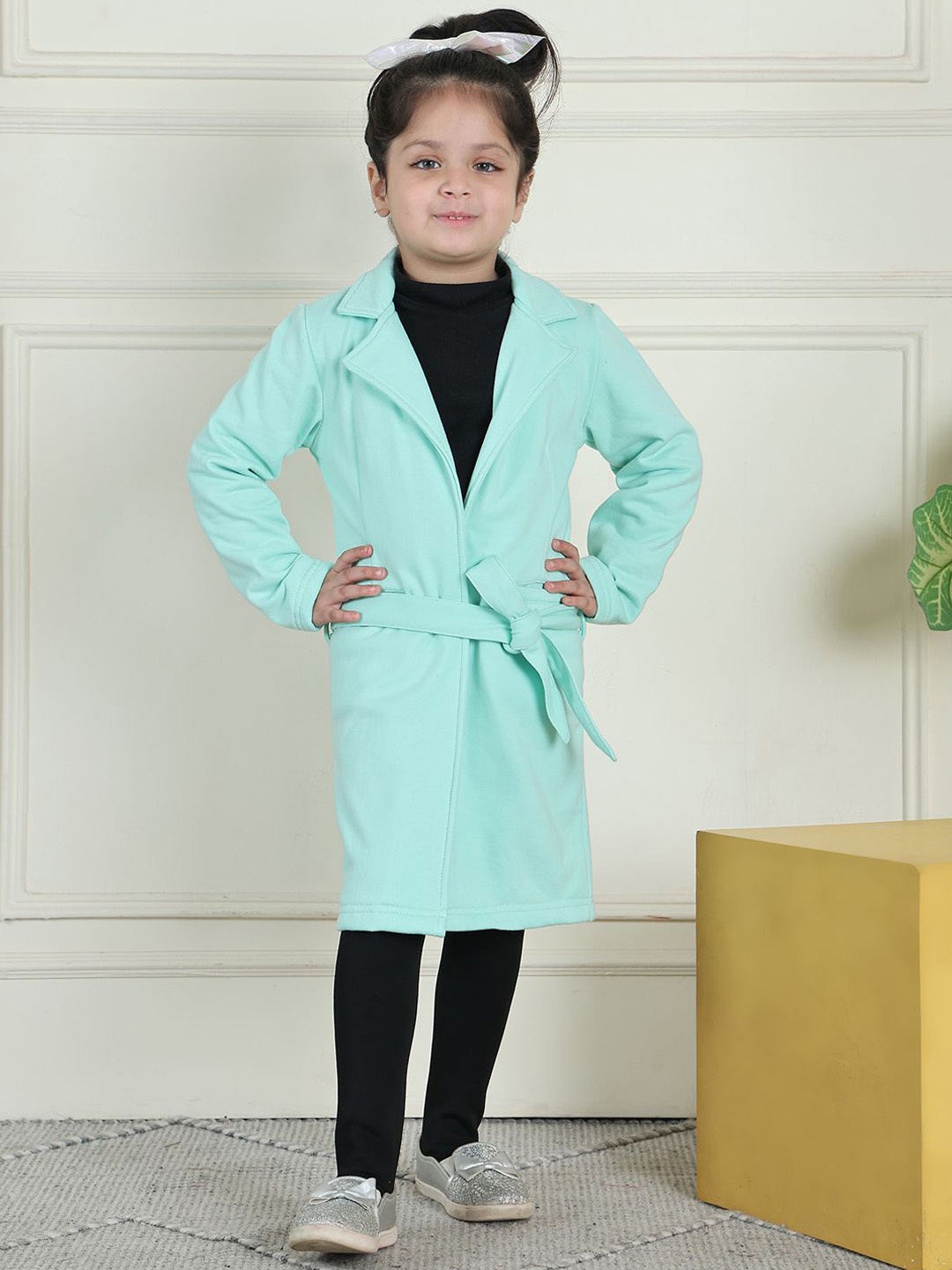 

MINI & MING Girls Notched Lapel Collar Tie-Up Wrap Coat, Turquoise blue