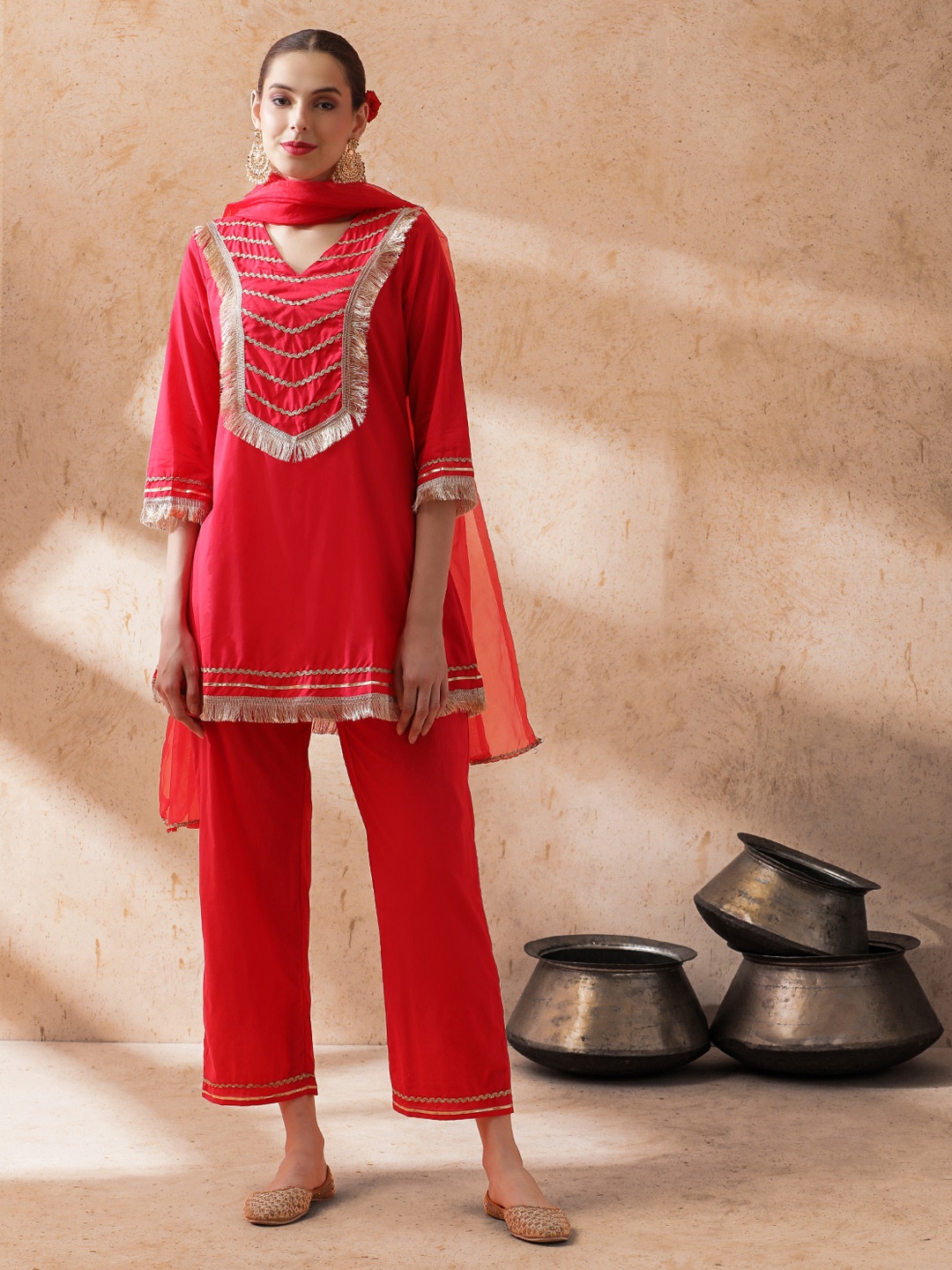 

STYLEBAAZI V-Neck Gotta Patti Pure Cotton Straight Kurti With Trousers And Dupatta, Red