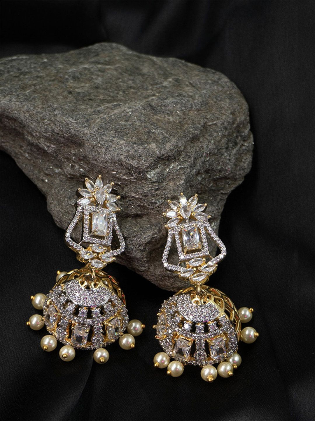 

SHARLEEZ 18k Gold-Plated American Diamond Studded Dome Shaped Jhumkas, White