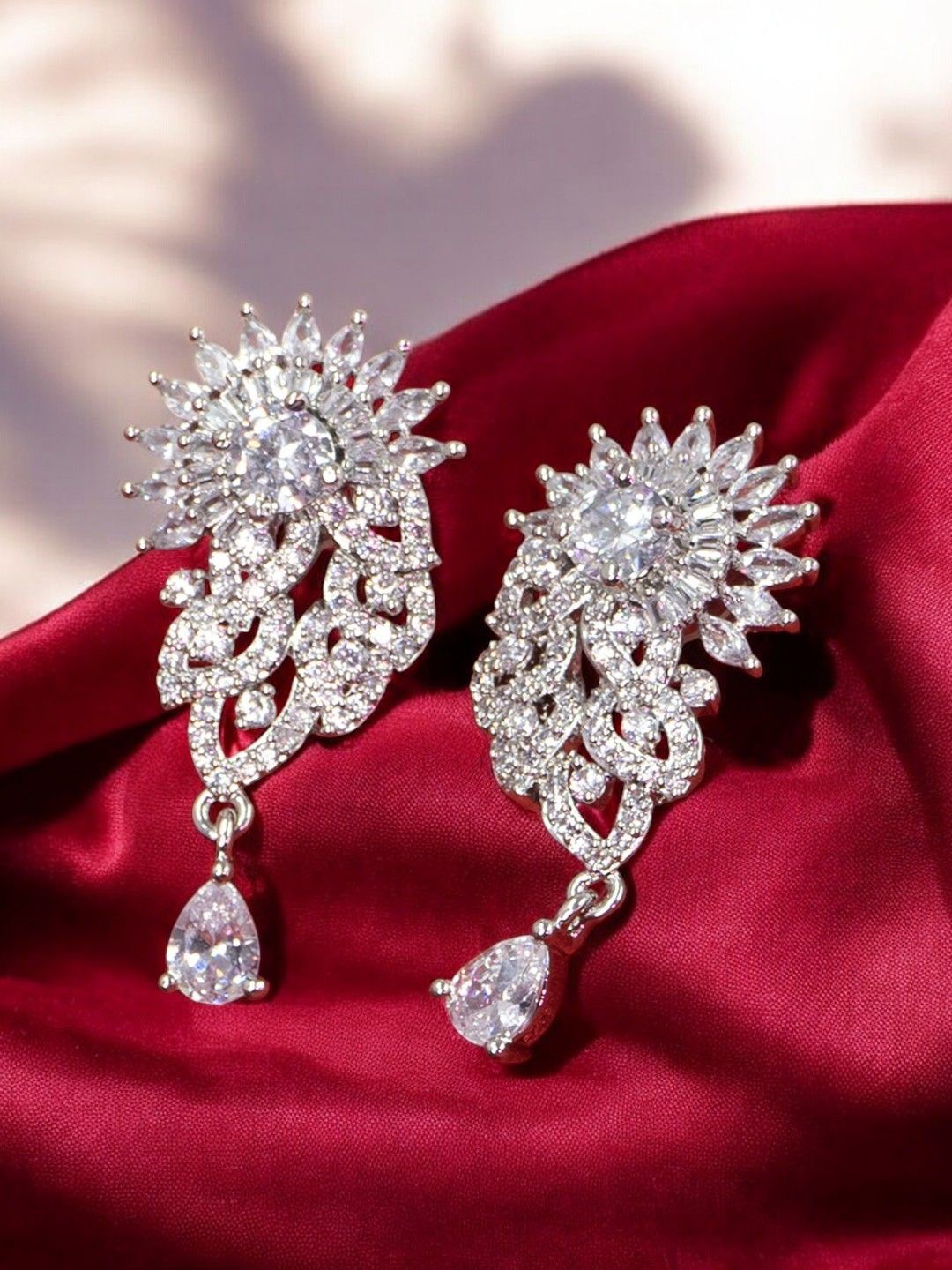 

SHARLEEZ Rhodium-Plated Artificial Stones Studded Contemporary Drop Earrings, Silver