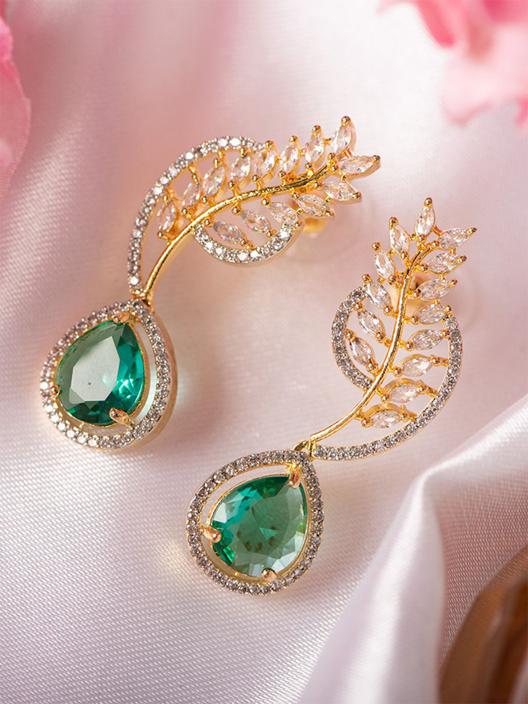 

SHARLEEZ Rhodium-Plated Aritificial Stones Studded Contemporary Shaped Drop Earrings, Gold