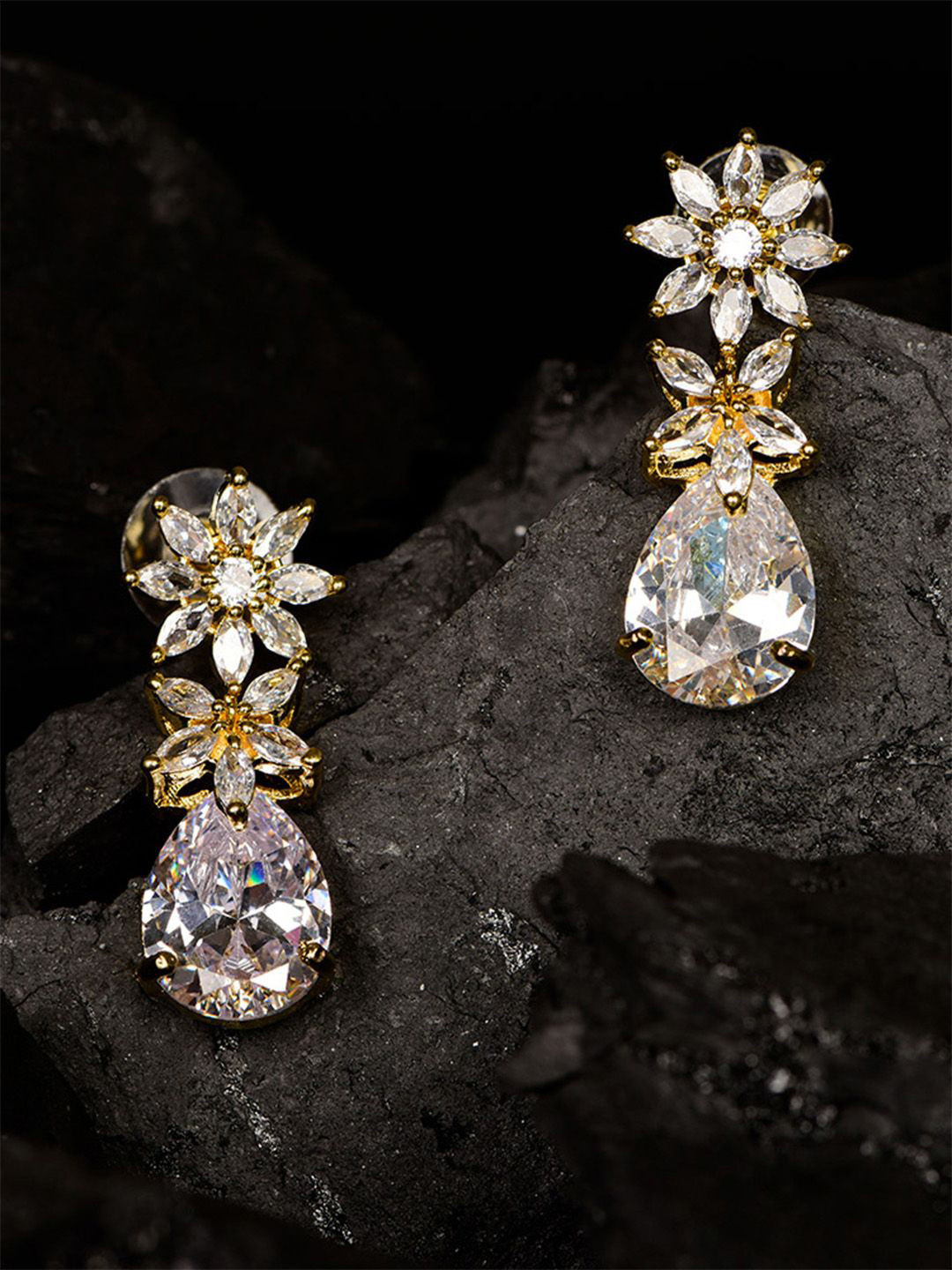 

SHARLEEZ Rhodium-Plated American Diamond Studded Floral Drop Earrings, White