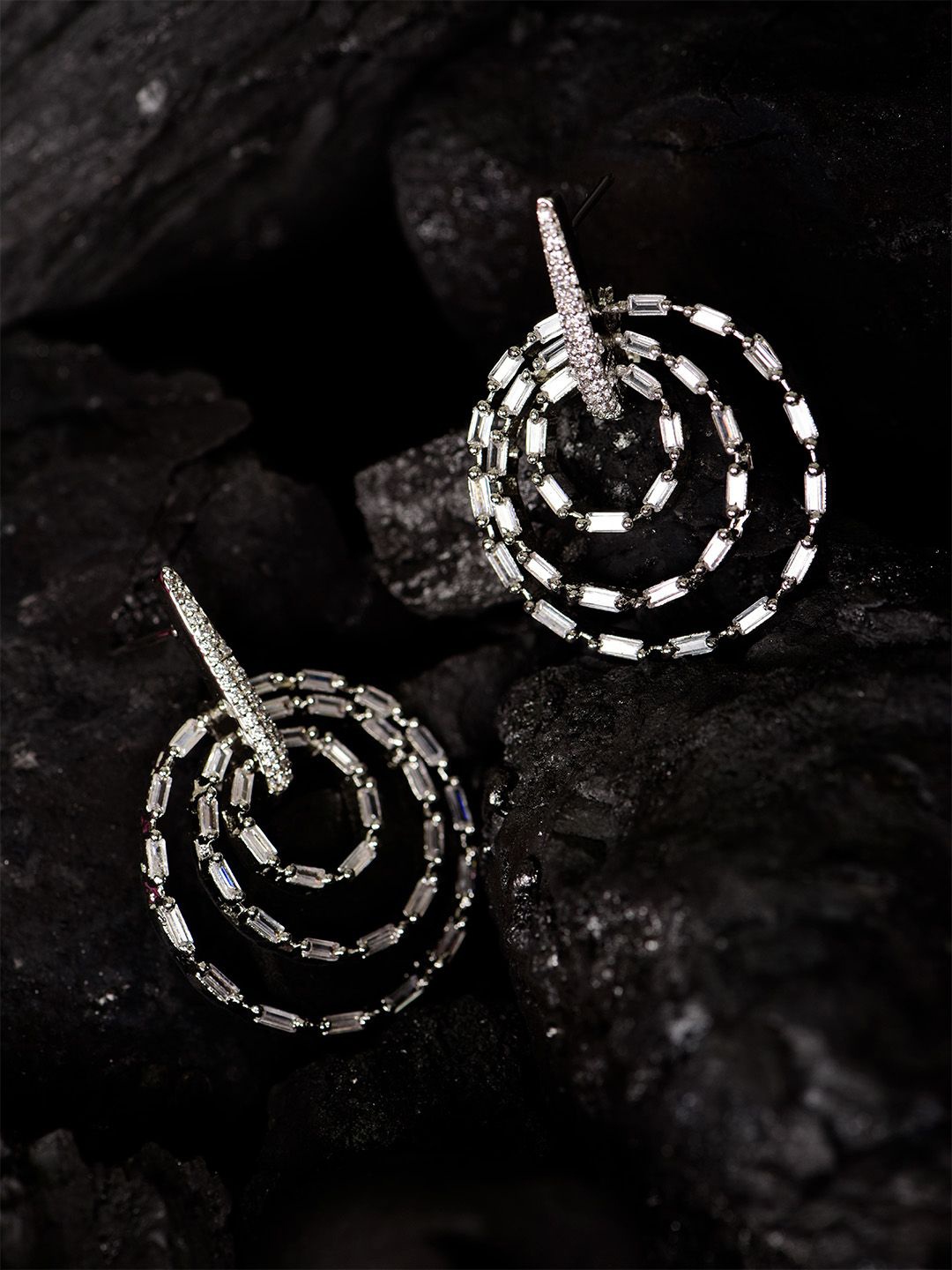 

SHARLEEZ Rhodium-Plated American Diamond Studded Circular Shaped Drop Earrings, Silver