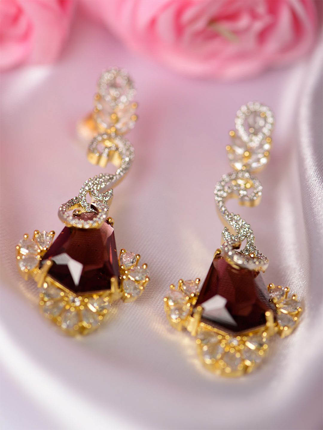 

SHARLEEZ Gold-Plated American Diamonds Studded Contemporary Shaped Drop Earrings