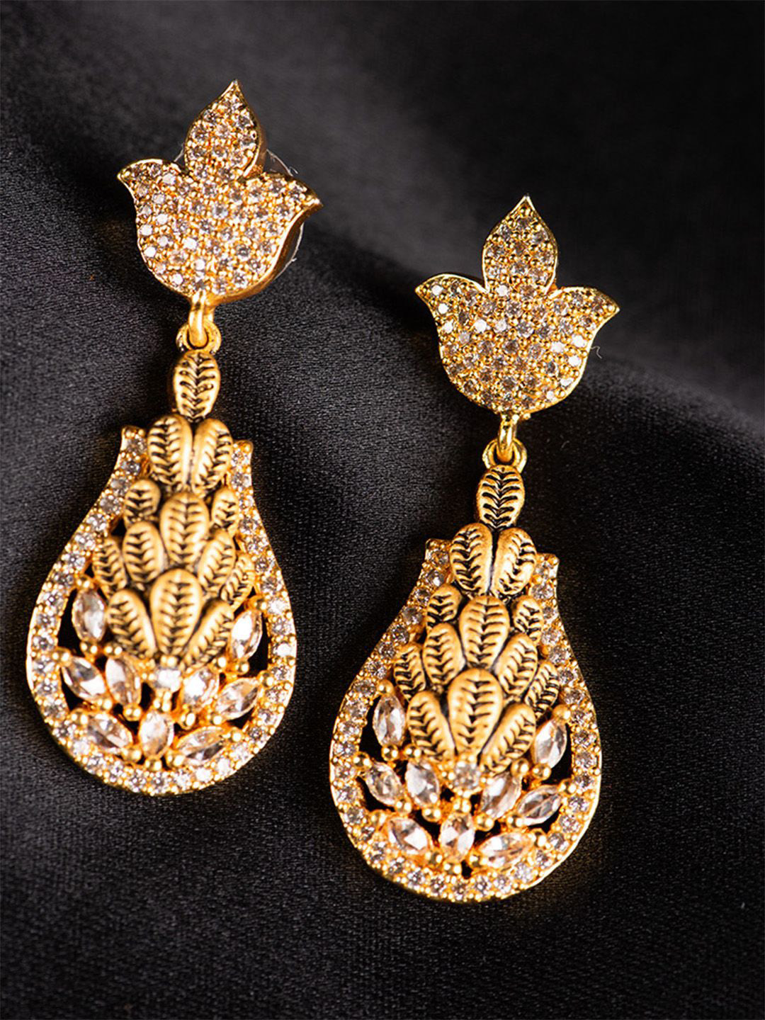 

SHARLEEZ Rhodium-Plated American Diamond Studded Geometric Drop Earrings, Gold
