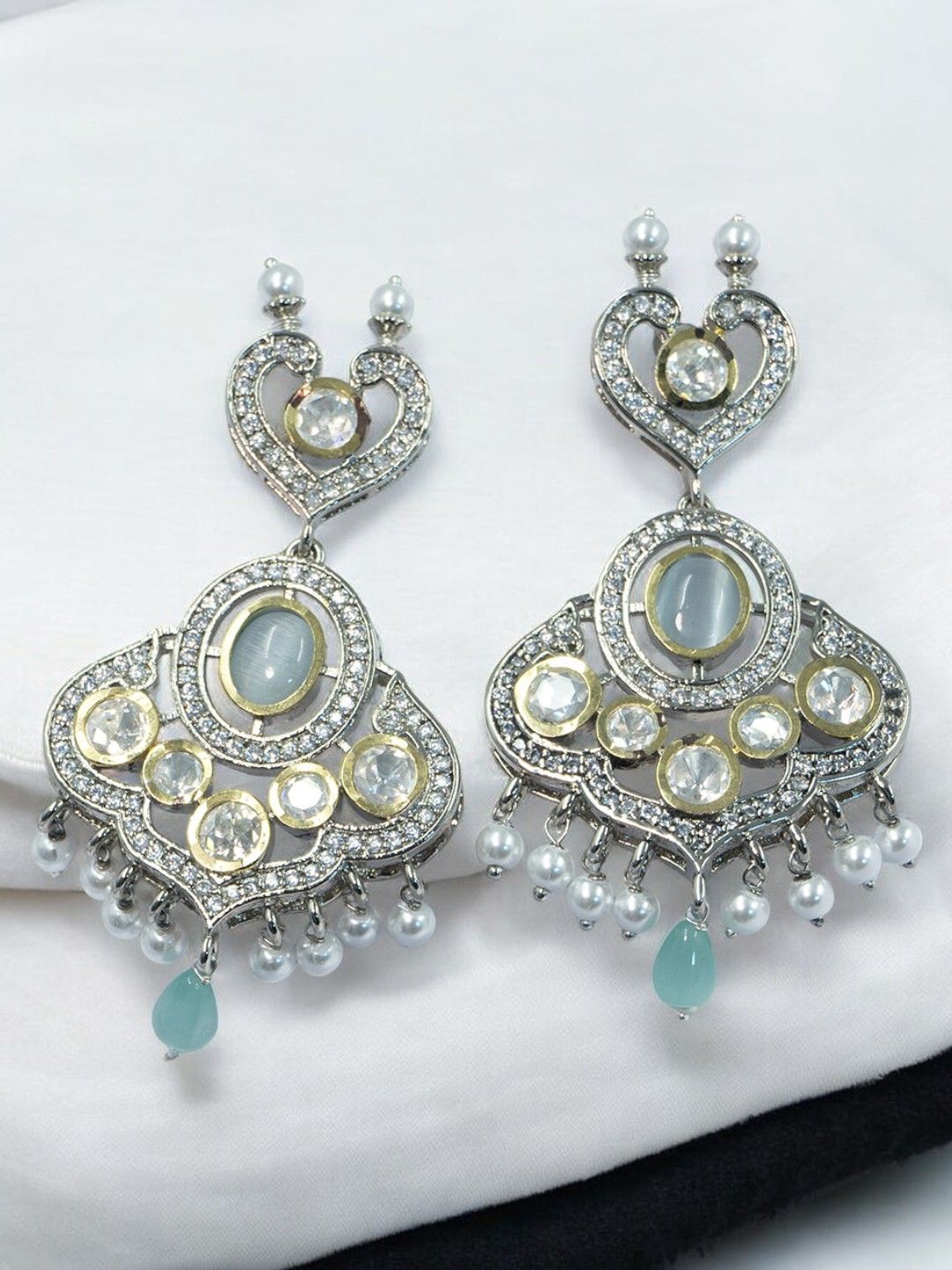 

SHARLEEZ Rhodium-Plated American Diamond Studded Contemporary Drop Earrings, Silver