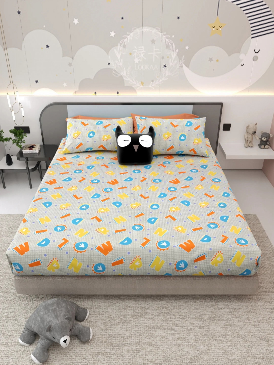 

LIVING ROOTS KINDER JOY Grey Printed Pure Cotton 144TC King Bedsheet Sets- 2.43 m x 2.64 m