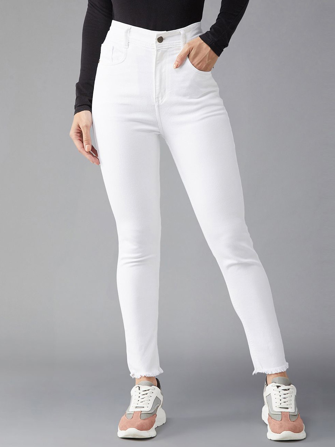 

DOLCE CRUDO Women Skinny Fit High-Rise Light Fade Stretchable Jeans, White