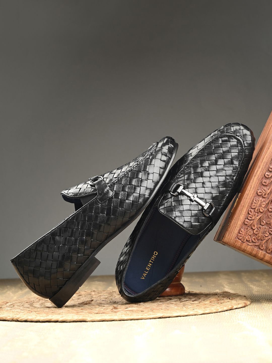 

Valentino Men Textured Leather Formal Loafers, Black