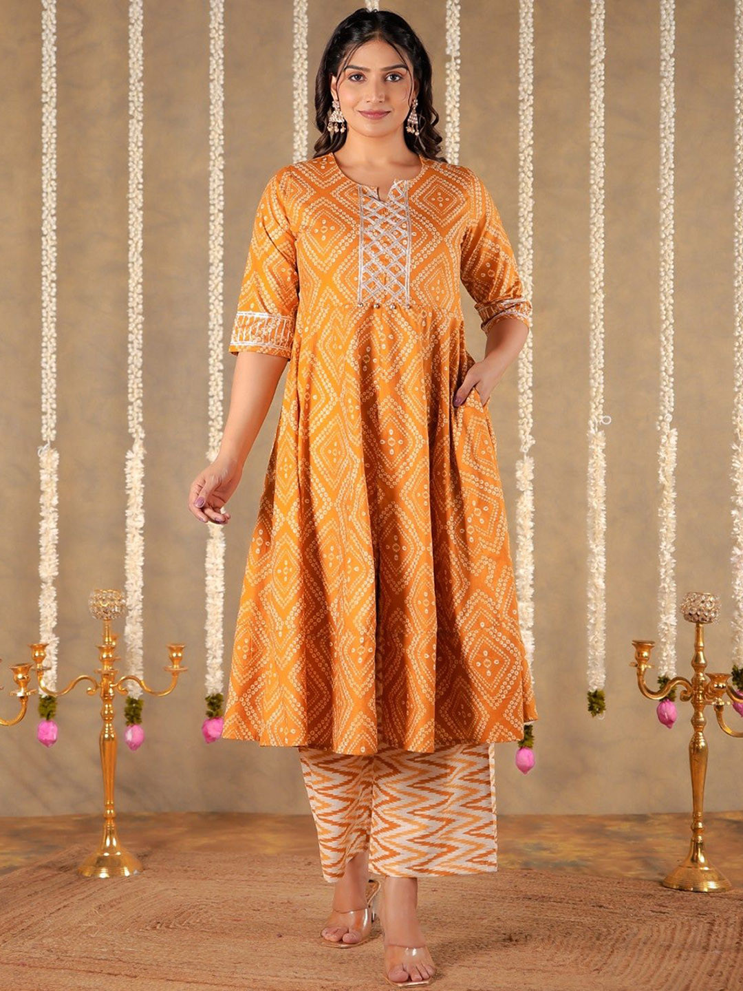 

Aramya Bandhani Printed Gotta Patti Pure Cotton Notch- Neck Anarkali Kurta with Palazzo, Yellow