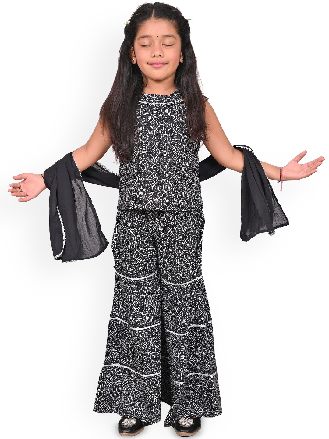 

Megha Overseas Girls Bandhani Printed Panelled Gotta Patti Kurta with Sharara & Dupatta, Black