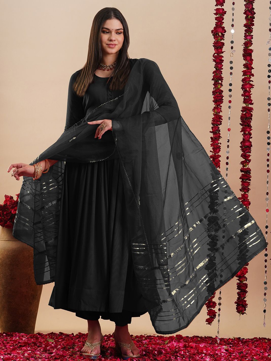 

GoSriKi Round Neck Anarkali Kurta With Trousers And Dupatta, Black