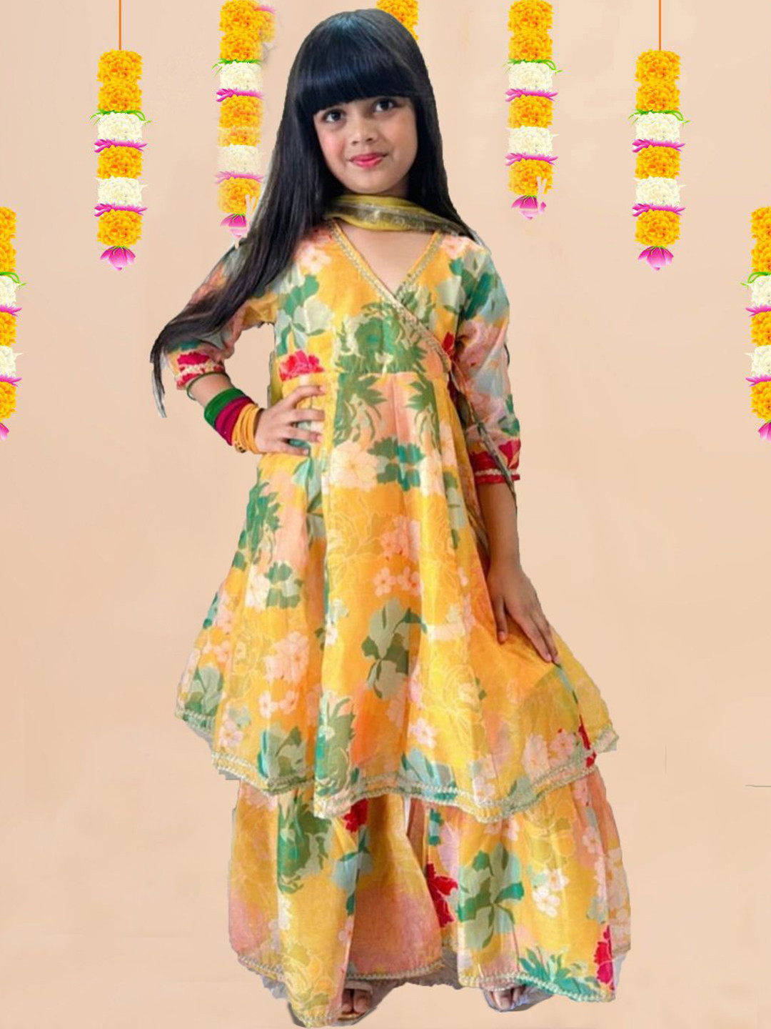 

BAESD Girls Floral Printed V-Neck Angrakha Kurta With Sharara And Dupatta, Yellow