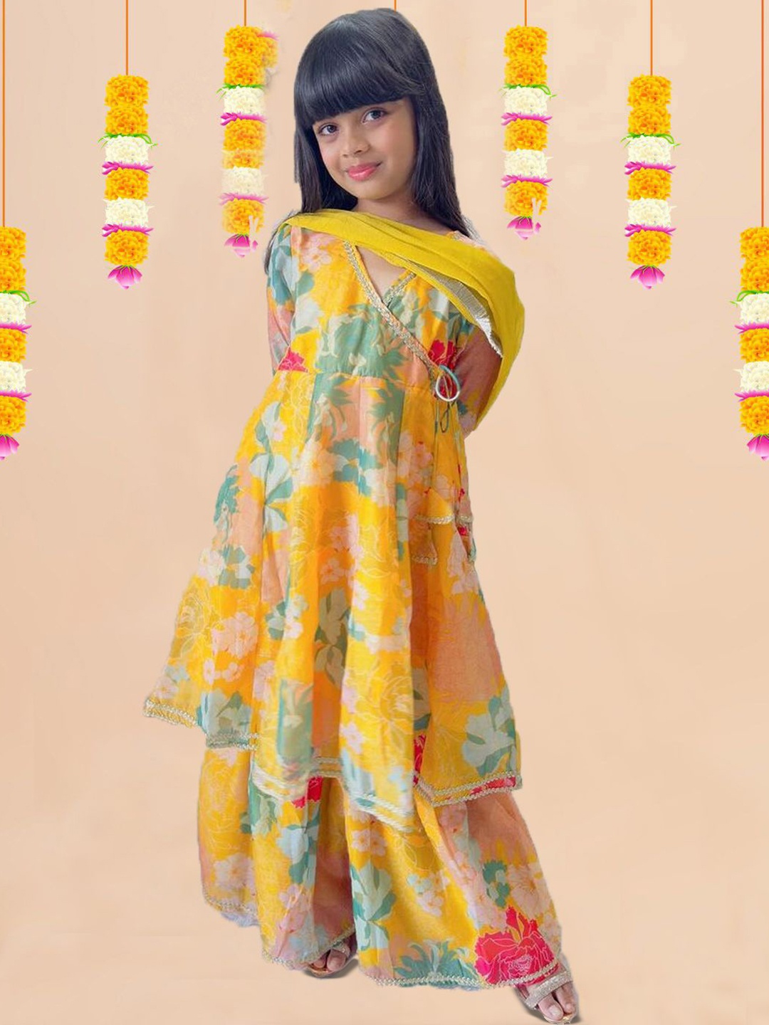 

BAESD Girls Floral Printed V-Neck Angrakha Kurta With Sharara And Dupatta, Yellow