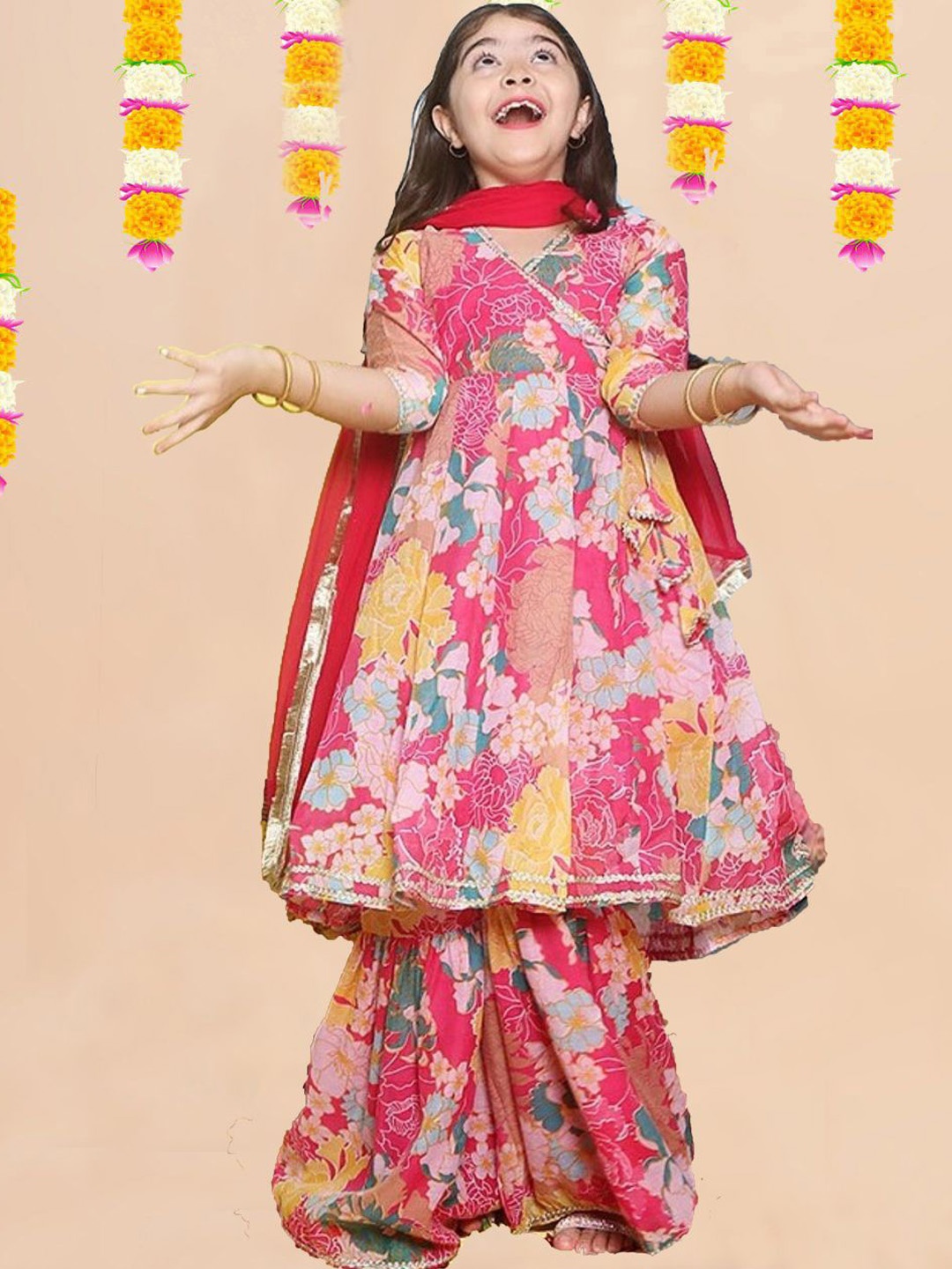 

BAESD Girls Floral Printed V-Neck Angrakha Kurta With Sharara And Dupatta, Pink