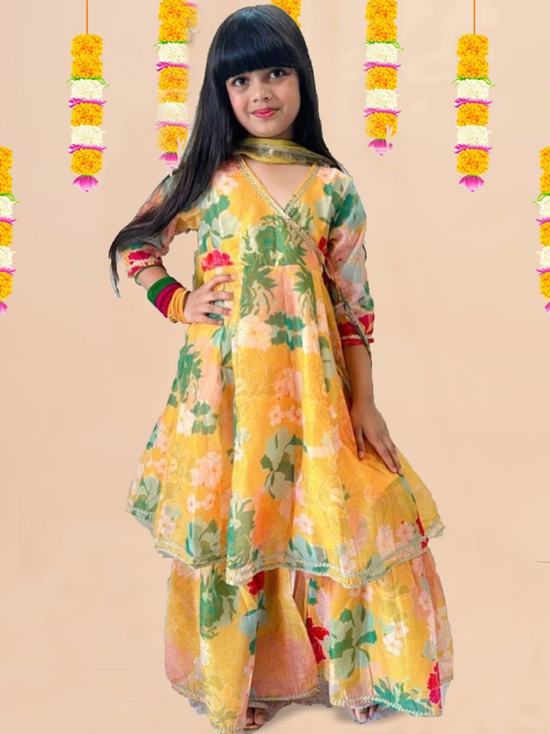 

BAESD Girls Floral Printed V-Neck Angrakha Kurta With Sharara And Dupatta, Yellow
