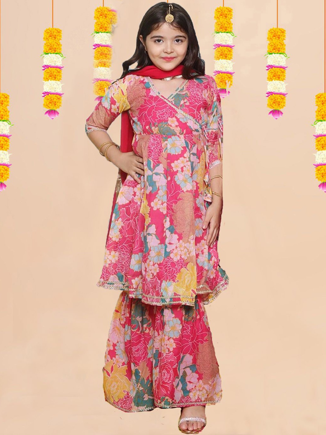 

BAESD Girls Floral Printed V-Neck Angrakha Kurta With Sharara And Dupatta, Pink