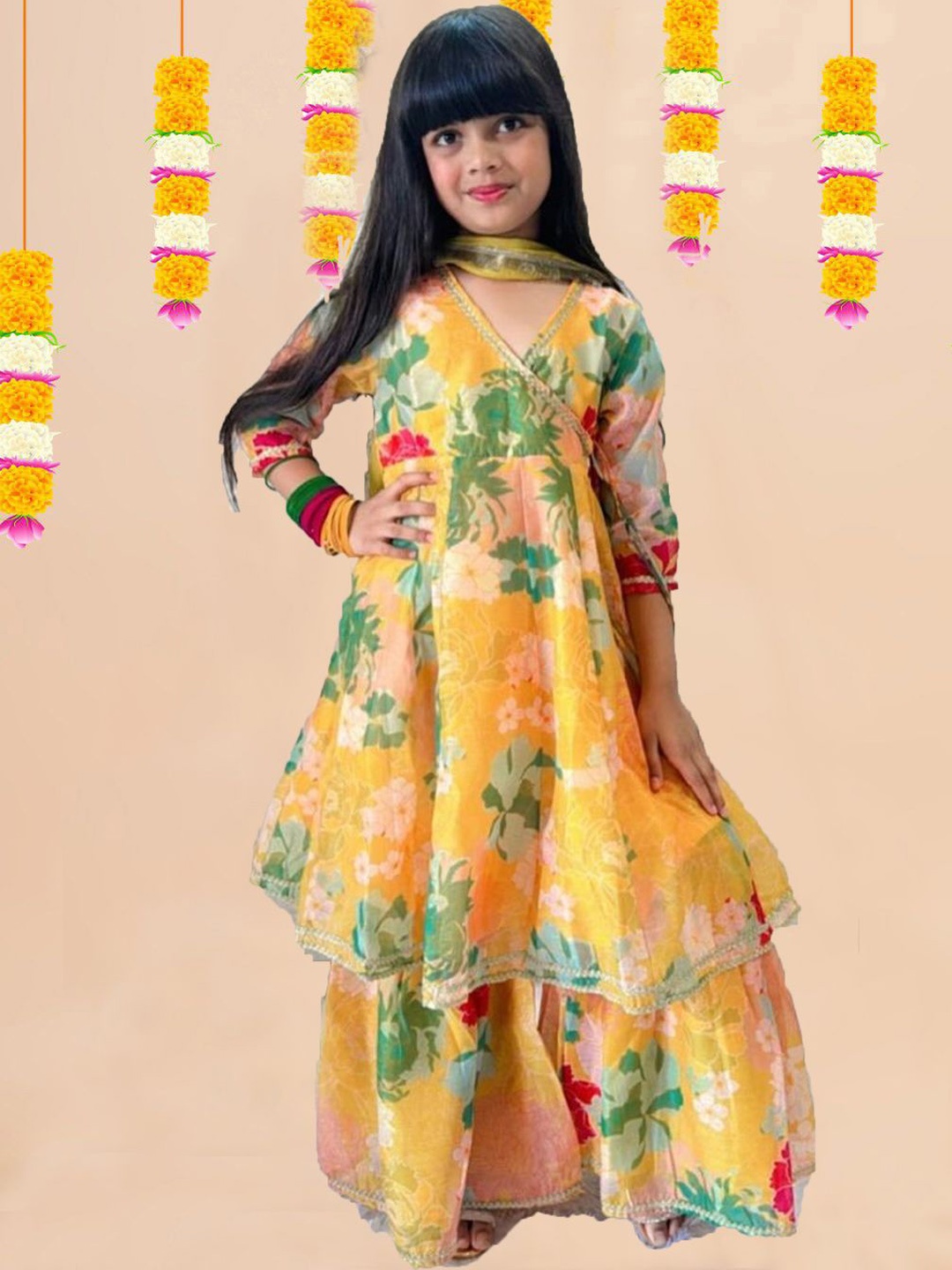 

BAESD Girls Floral Printed V-Neck Angrakha Kurta With Sharara And Dupatta, Yellow