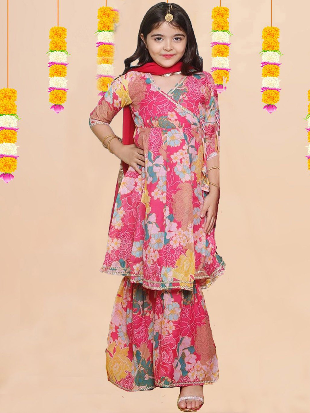 

BAESD Girls Floral Printed V-Neck Angrakha Kurta With Sharara And Dupatta, Pink