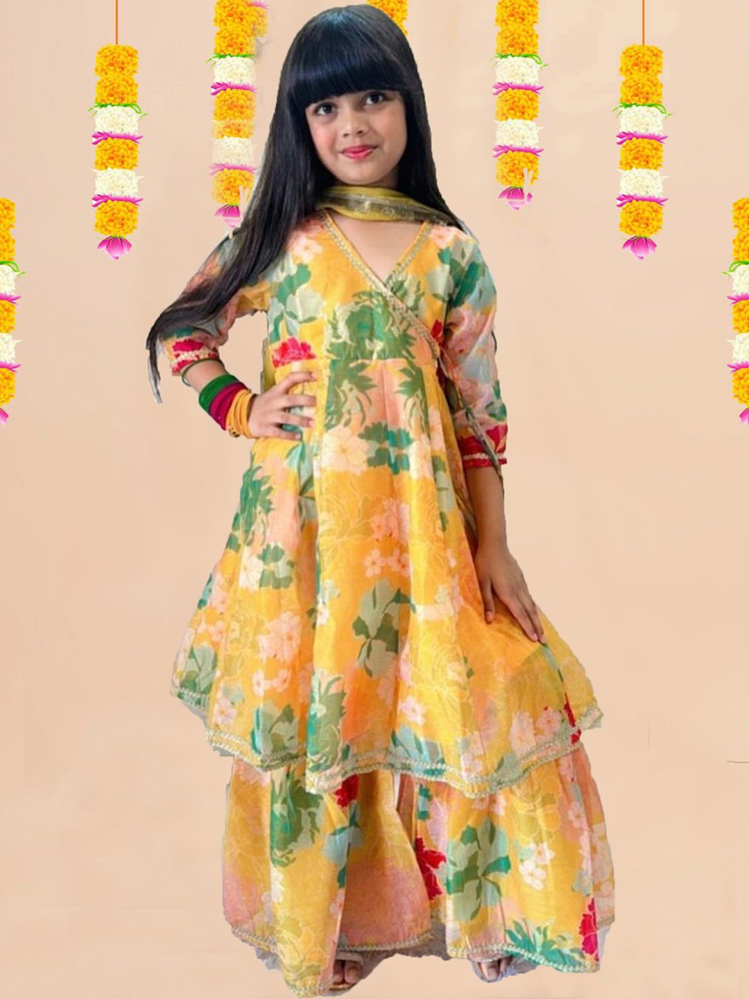 

BAESD Girls Floral Printed V-Neck Angrakha Kurta With Sharara And Dupatta, Yellow