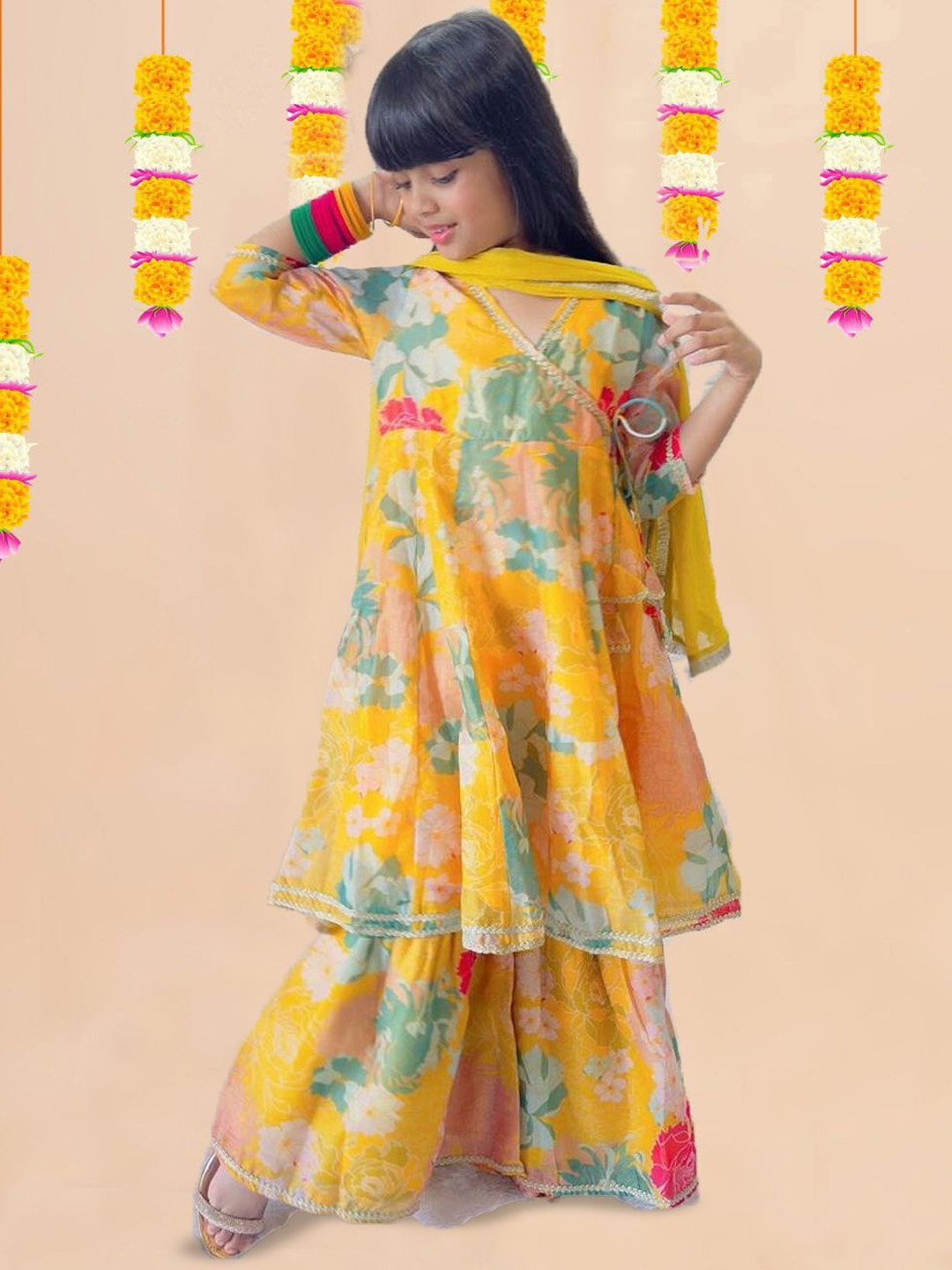 

BAESD Girls Floral Printed V-Neck Angrakha Kurta With Sharara And Dupatta, Yellow