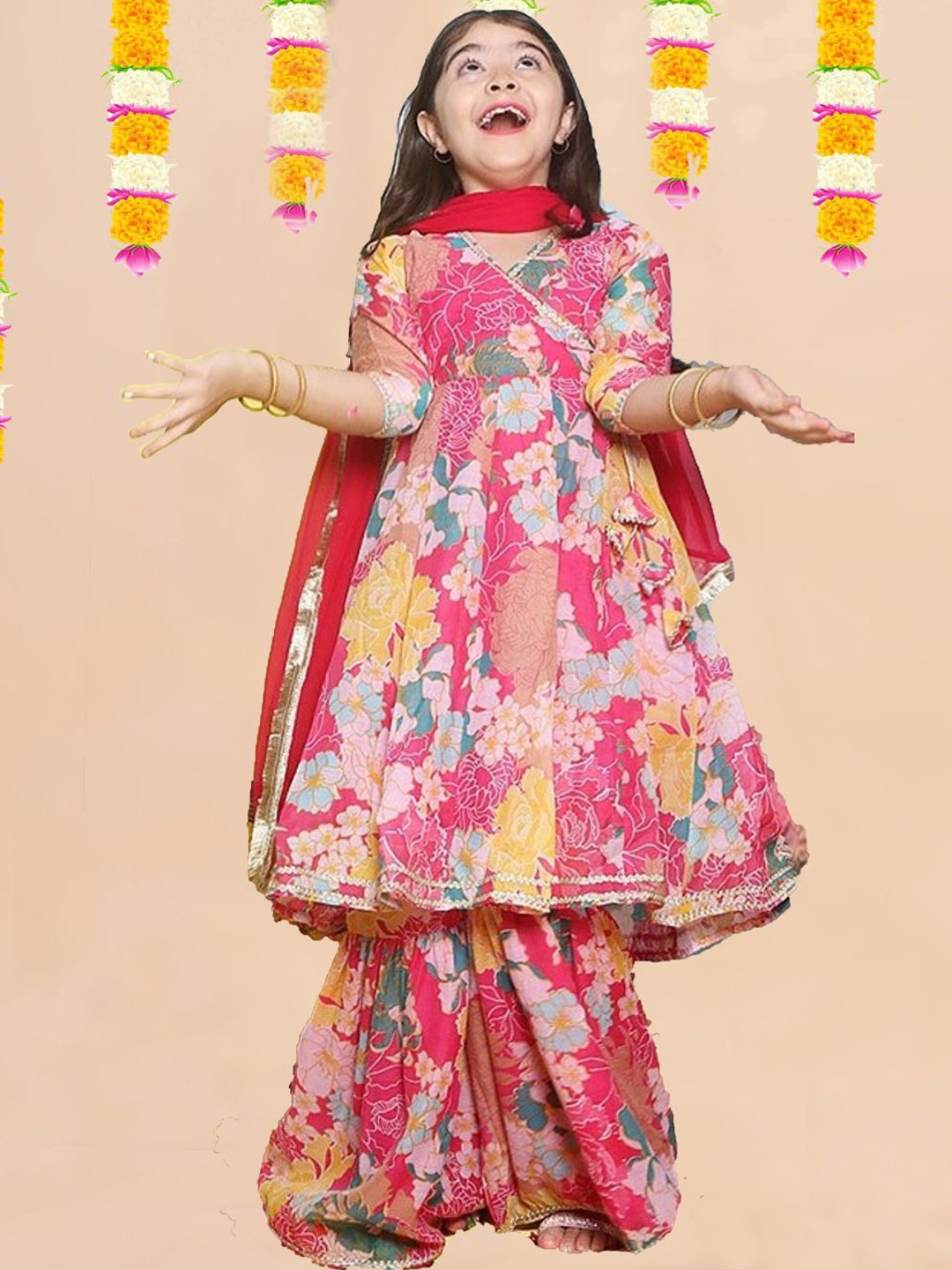 

BAESD Girls Floral Printed V-Neck Angrakha Kurta With Sharara And Dupatta, Pink