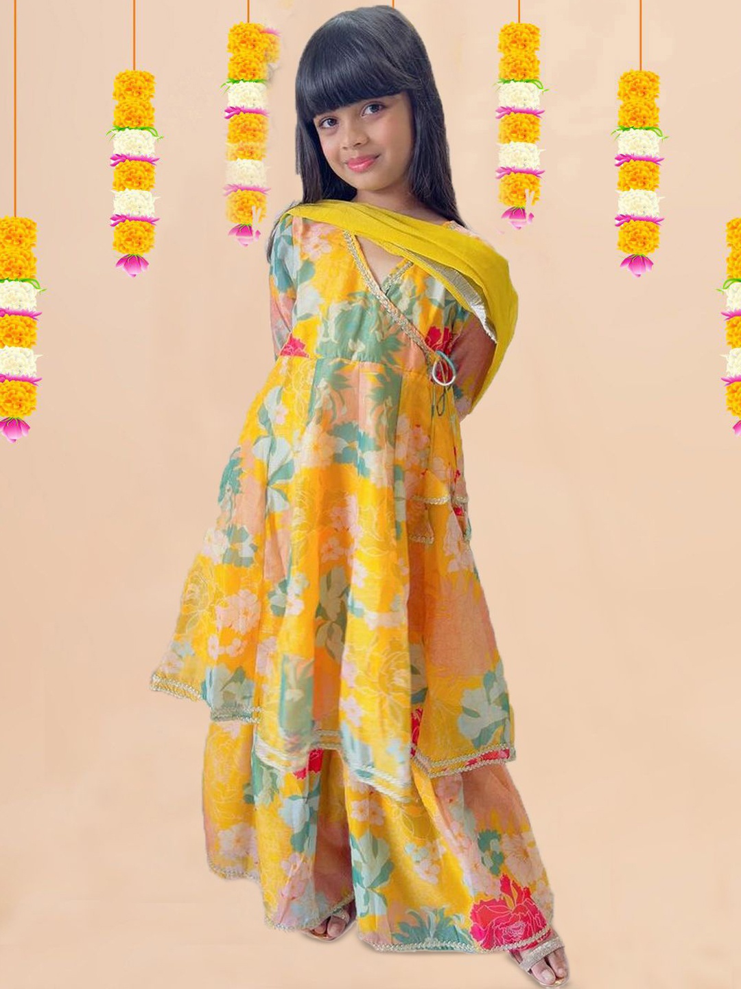 

BAESD Girls Floral Printed V-Neck Angrakha Kurta With Sharara And Dupatta, Yellow