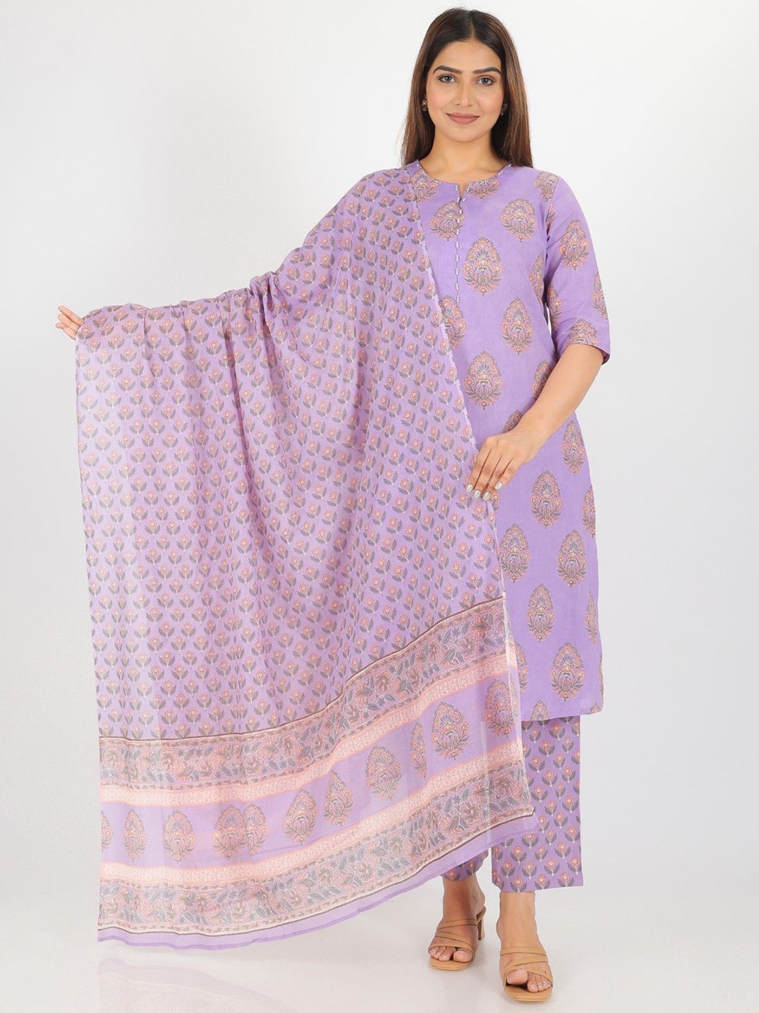 

Aramya Ethnic Motifs Printed Beads And Stones Notch-Neck Kurta With Trouser & Dupatta, Purple
