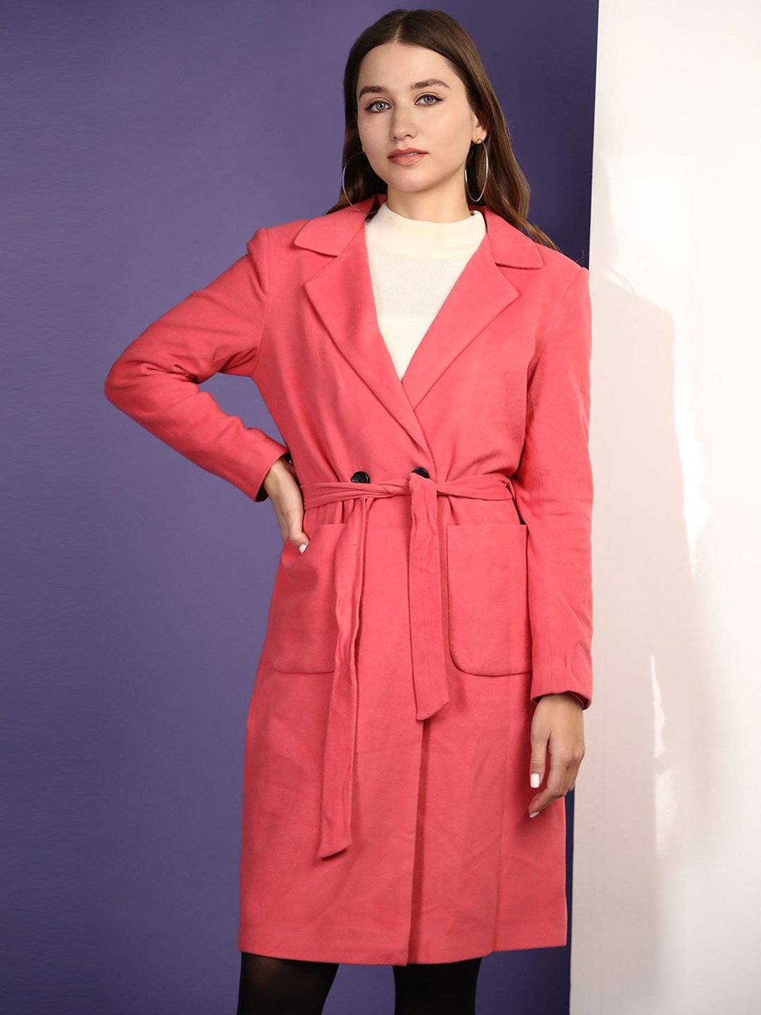 

Chemistry Wool Double-Breasted Trench Coat With Belt, Pink