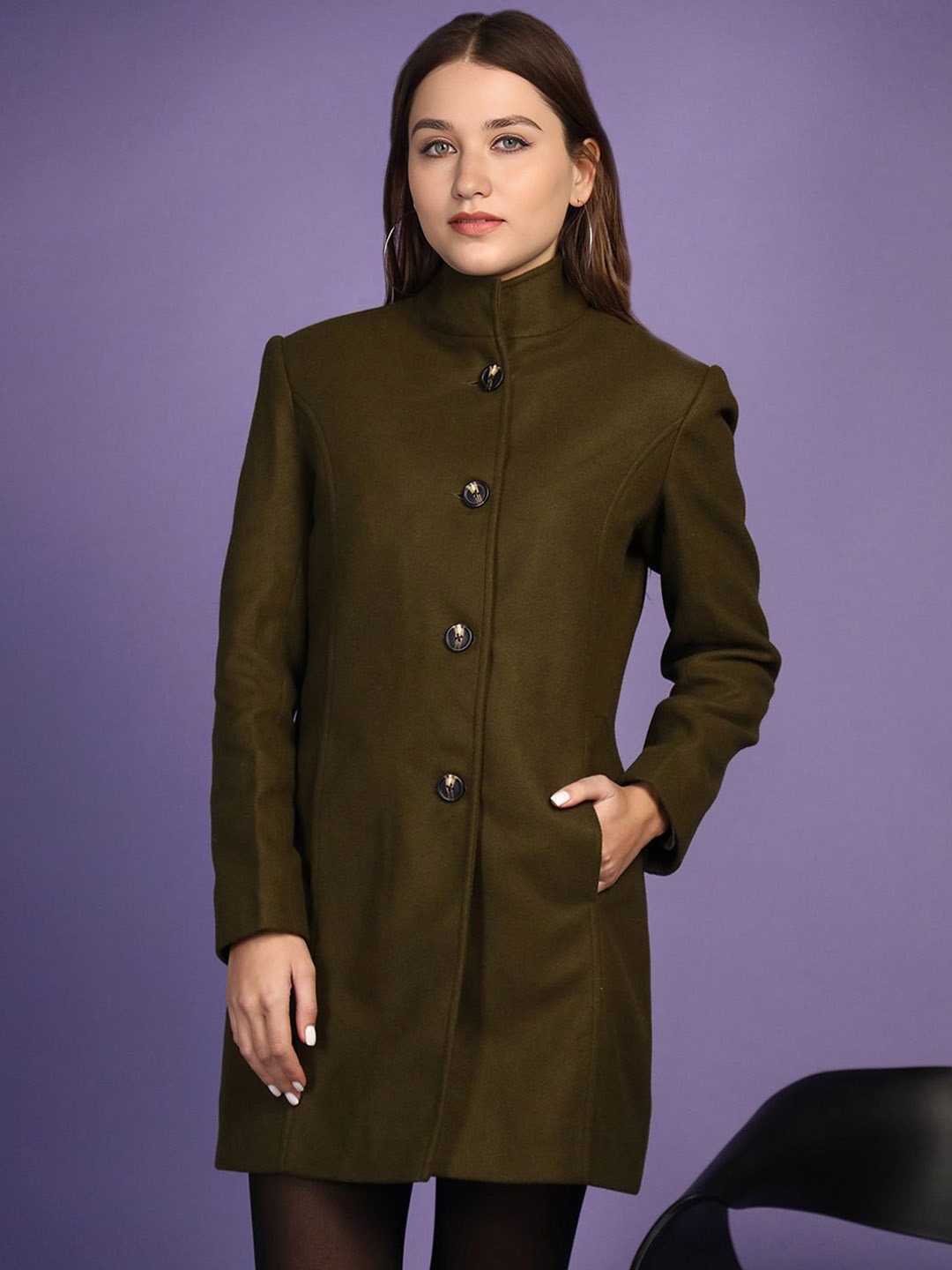 

Chemistry Mock Collar Neck Single Breasted Overcoat, Green