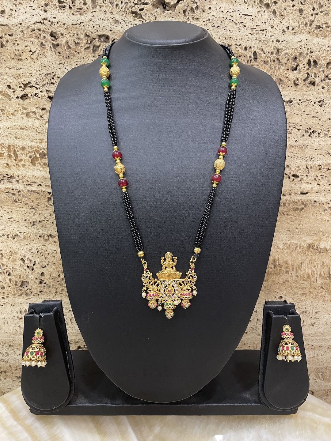 

Digital Dress Room Gold-Plated AD Stone-Studded & Beaded Mangalsutra With Earrings