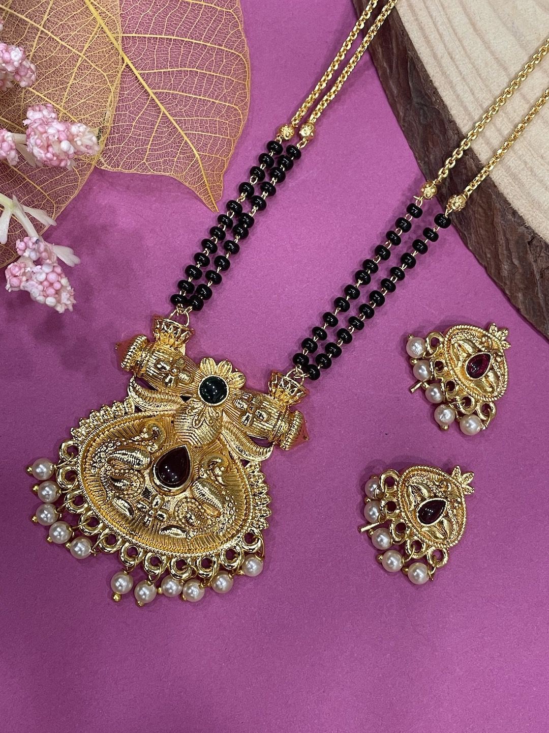 

Digital Dress Room Gold-Plated Stone-Studded & Beaded Mangalsutra With Earrings