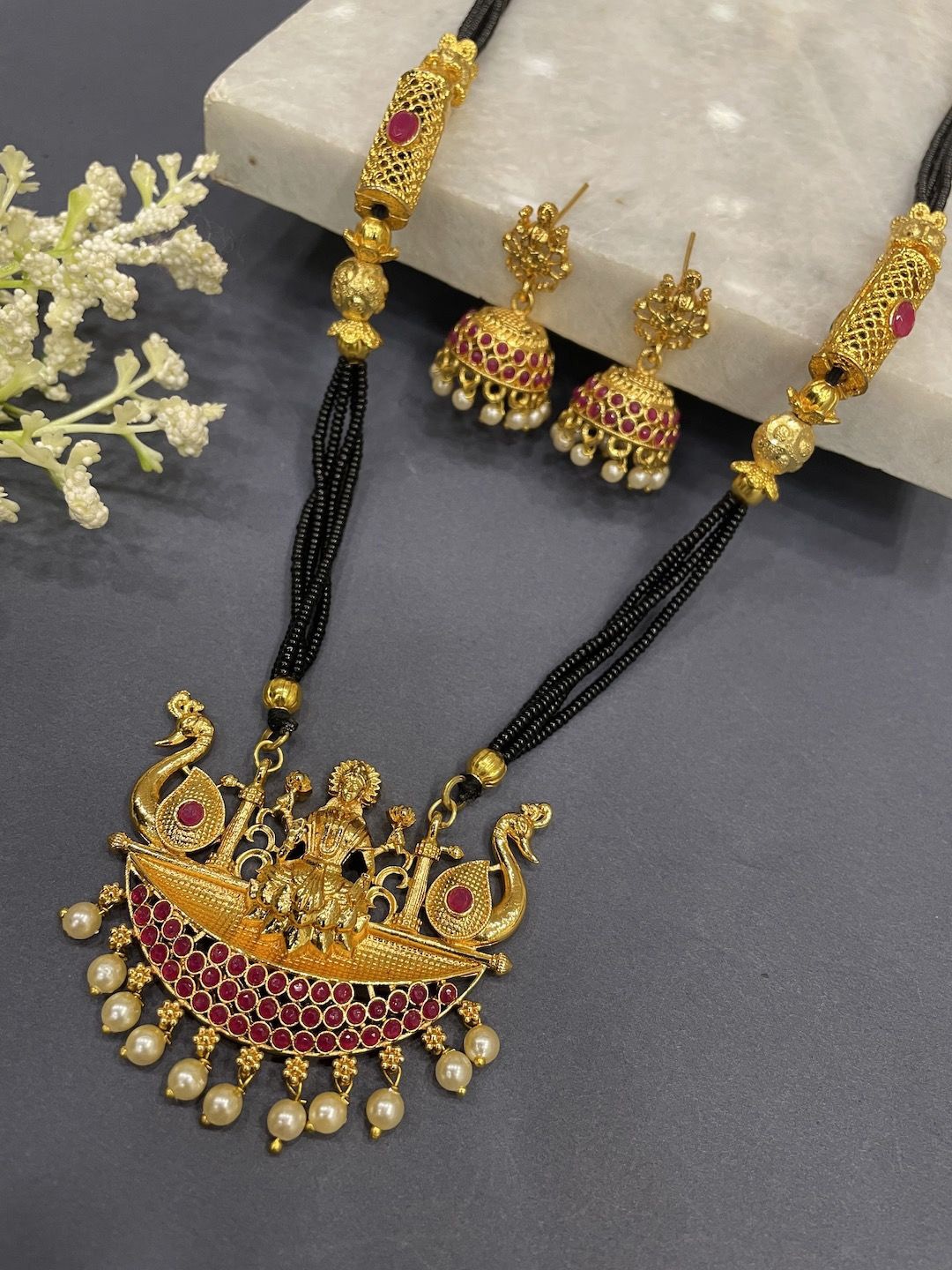 

Digital Dress Room Gold-Plated AD Stone-Studded & Beaded Lakshmi Goddess Mangalsutra Set