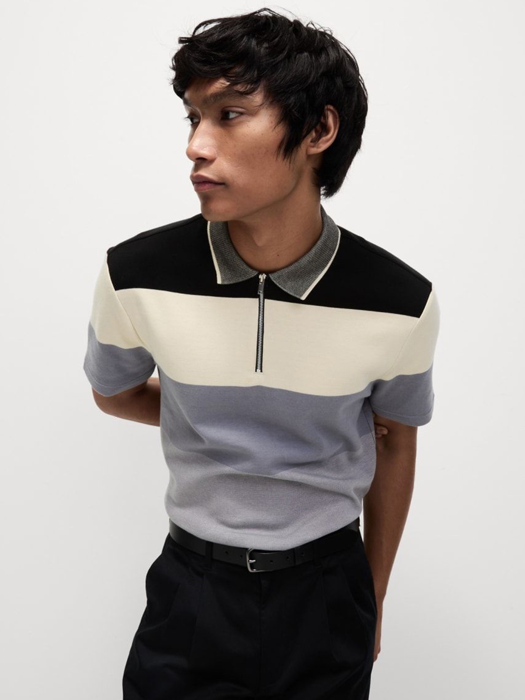

Marks & Spencer Men Striped Polo Collar Cotton T-shirt, Grey