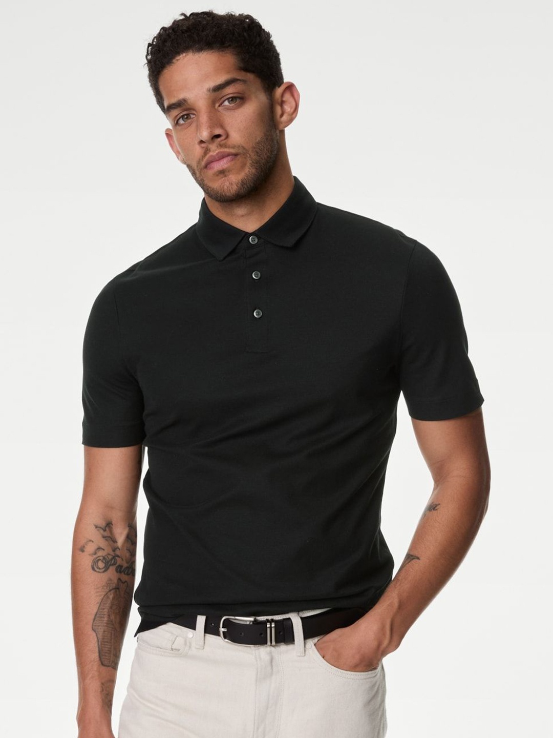 

Marks & Spencer Men Solid Polo Collar Cotton T-shirt, Black
