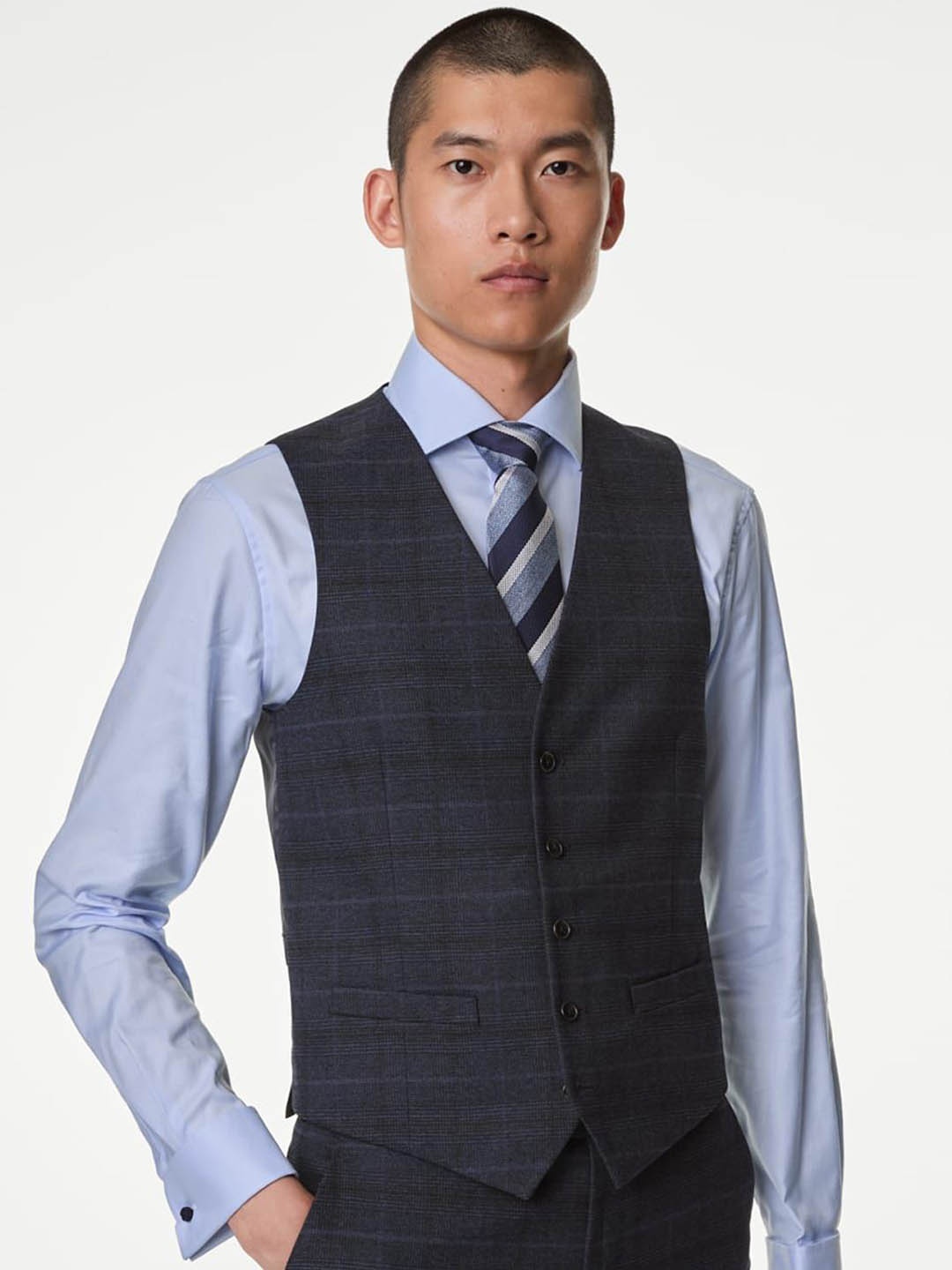 

Marks & Spencer Checked V Neck Waistcoat, Navy blue