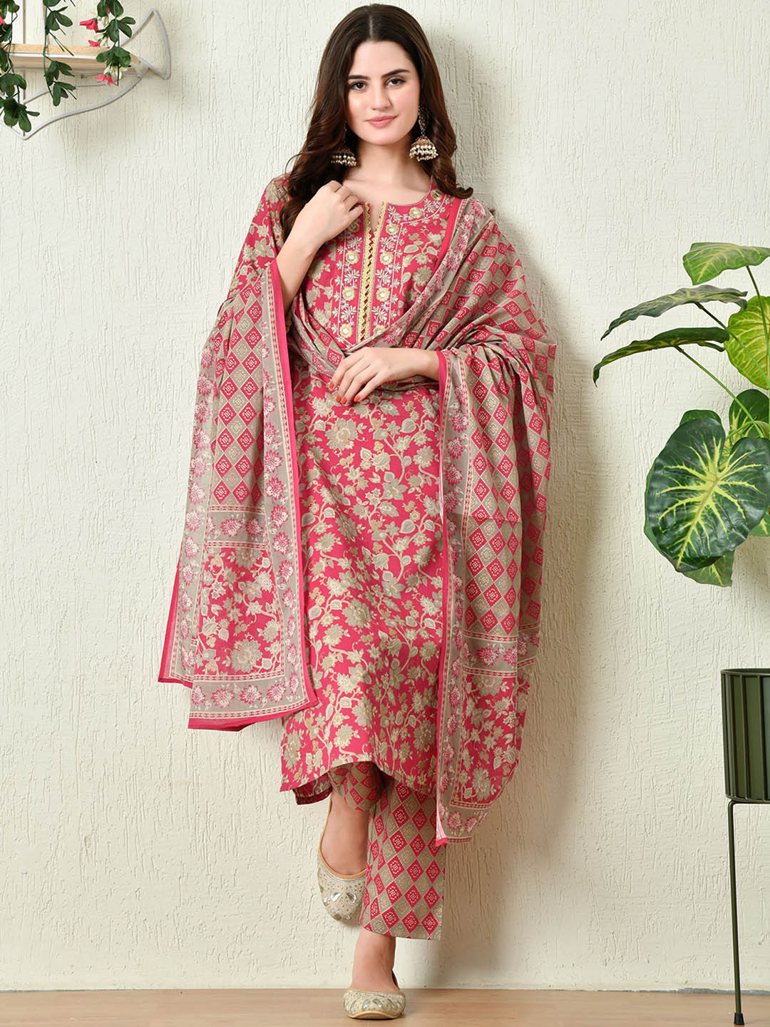 

filora Floral Printed Mirror Work Pure Cotton Straight Kurta with Trousers And Dupatta, Red