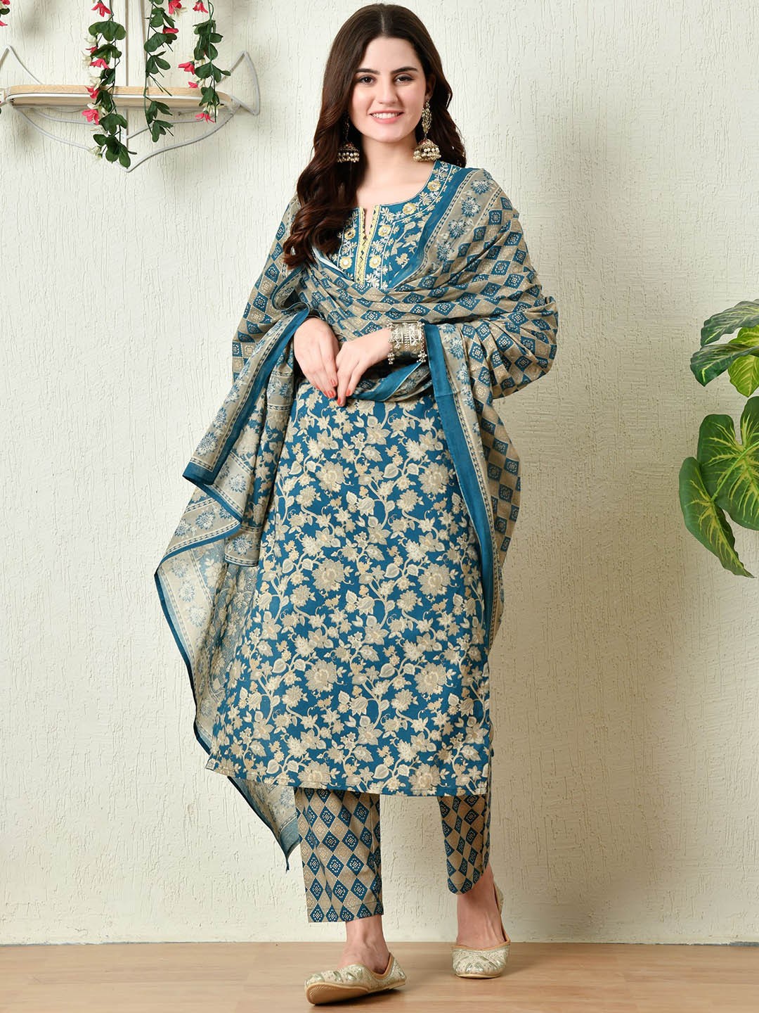 

filora Floral Printed Mirror Work Pure Cotton Straight Kurta with Trousers And Dupatta, Blue