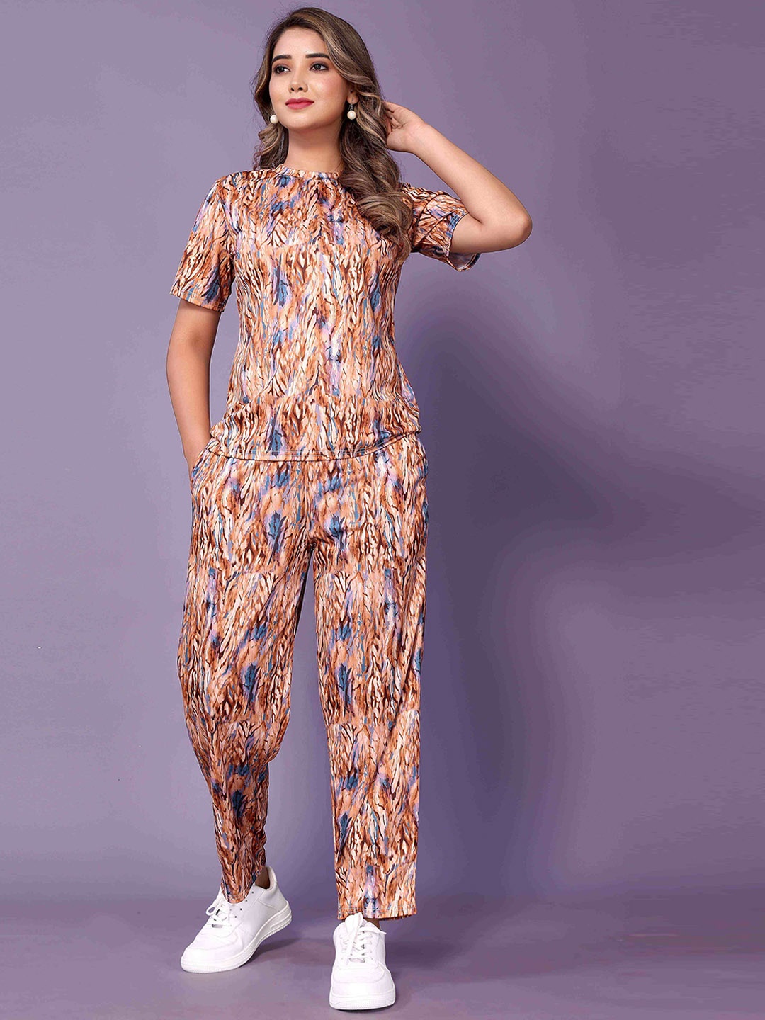 

Shriji fashion Printed Round Neck Top With Trousers, Brown