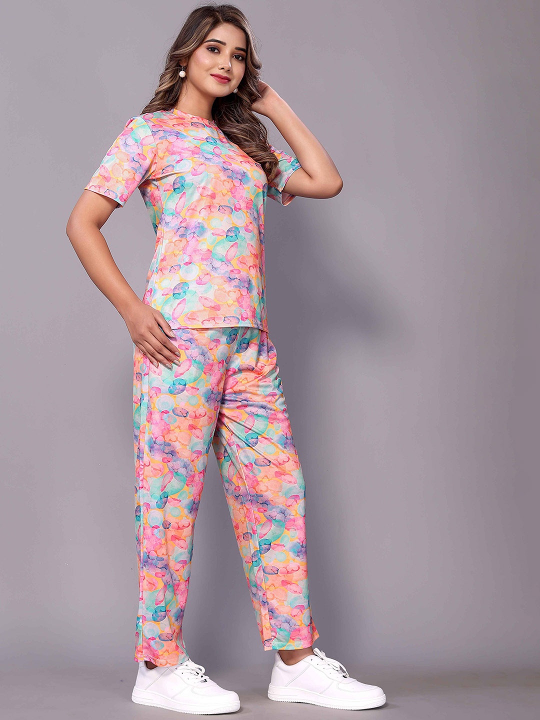 

Shriji fashion Printed Round Neck Top With Trouser, Pink