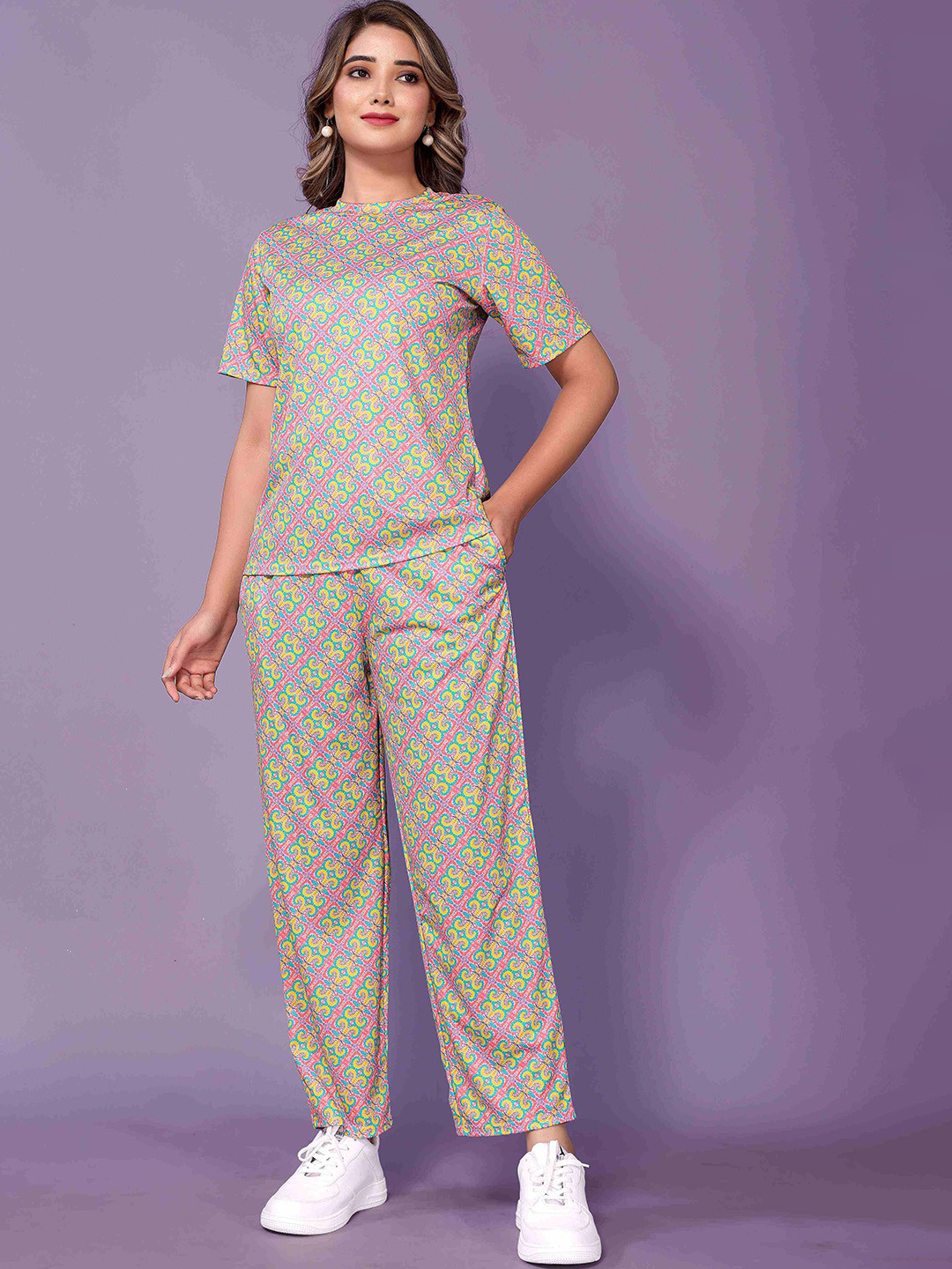 

Shriji fashion Printed Round Neck Top With Trouser, Yellow