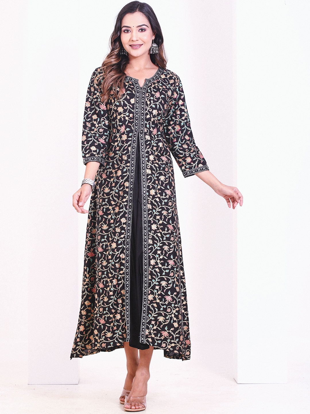 

Intizer Floral Printed Notch Neck Layered A-Line Kurta, Black